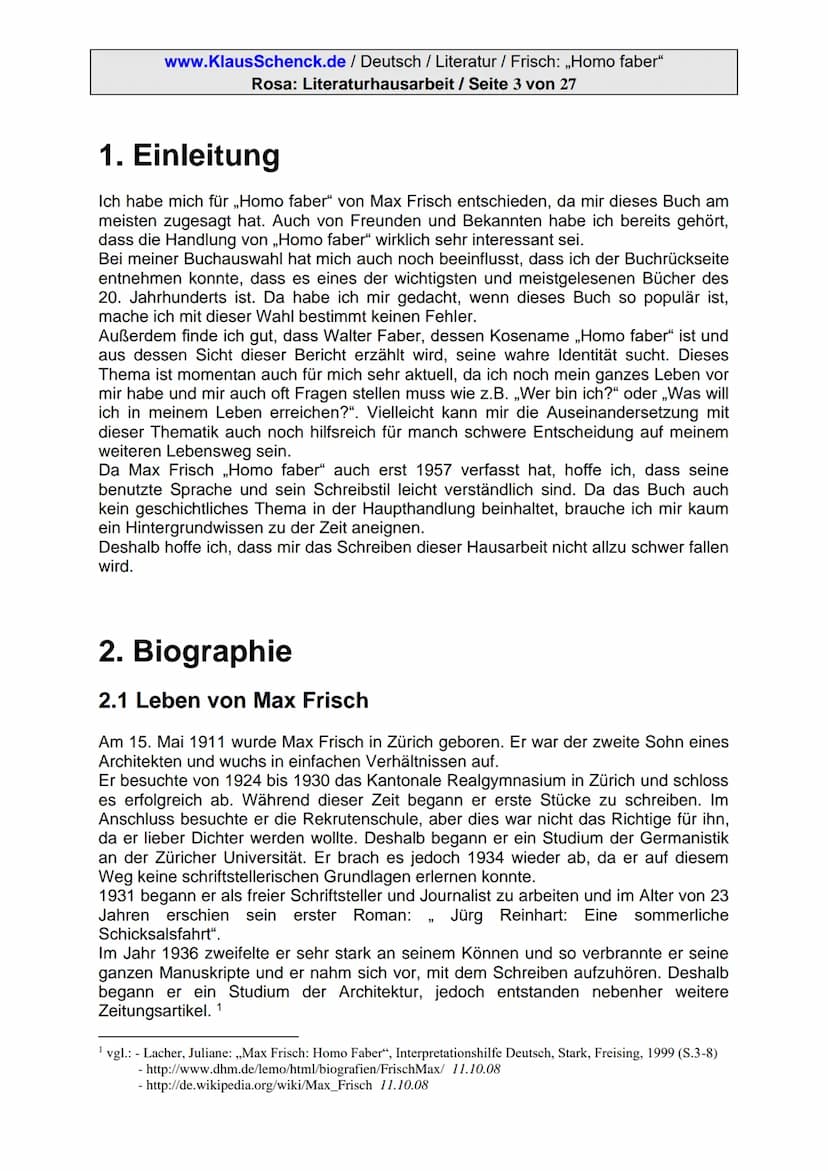 www.KlausSchenck.de/ Deutsch / Literatur / Frisch: ,,Homo faber"
Rosa: Literaturhausarbeit / Seite 1 von 27
Hausarbeit
Max Frisch:
,,Homo fa