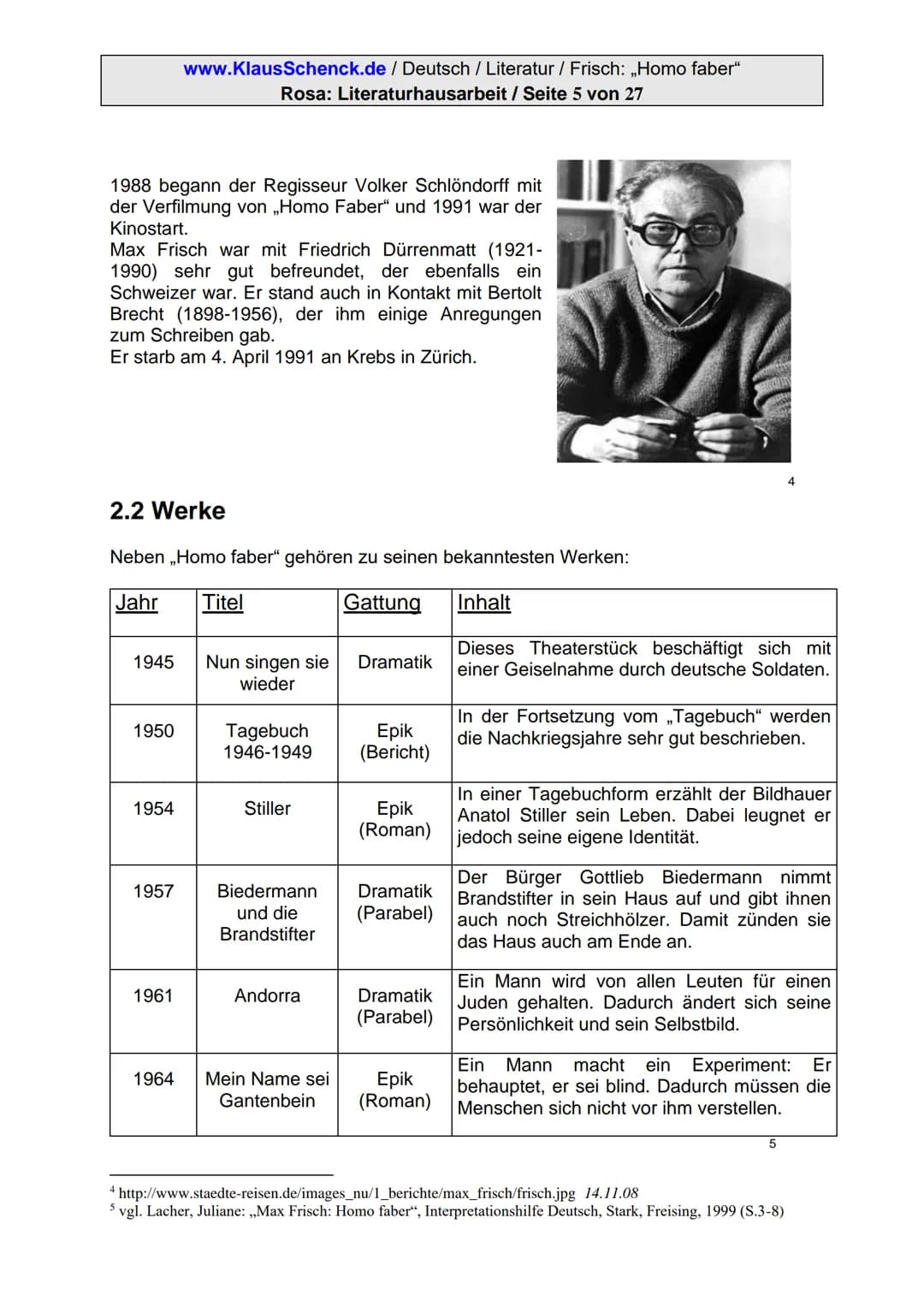 www.KlausSchenck.de/ Deutsch / Literatur / Frisch: ,,Homo faber"
Rosa: Literaturhausarbeit / Seite 1 von 27
Hausarbeit
Max Frisch:
,,Homo fa
