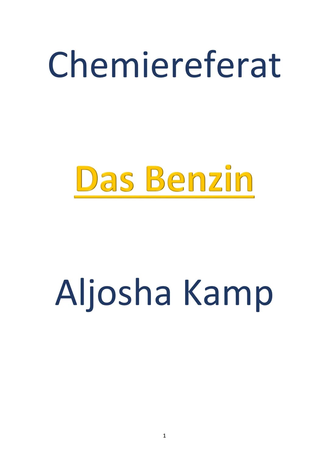 Chemiereferat
Das Benzin
Aljosha Kamp
1 Inhalt
1. Woraus besteht Benzin, welche Eigenschaften hat es und welche Arten gibt es?.
2. Herstellu