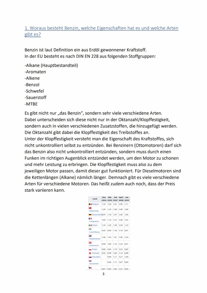 Chemiereferat
Das Benzin
Aljosha Kamp
1 Inhalt
1. Woraus besteht Benzin, welche Eigenschaften hat es und welche Arten gibt es?.
2. Herstellu
