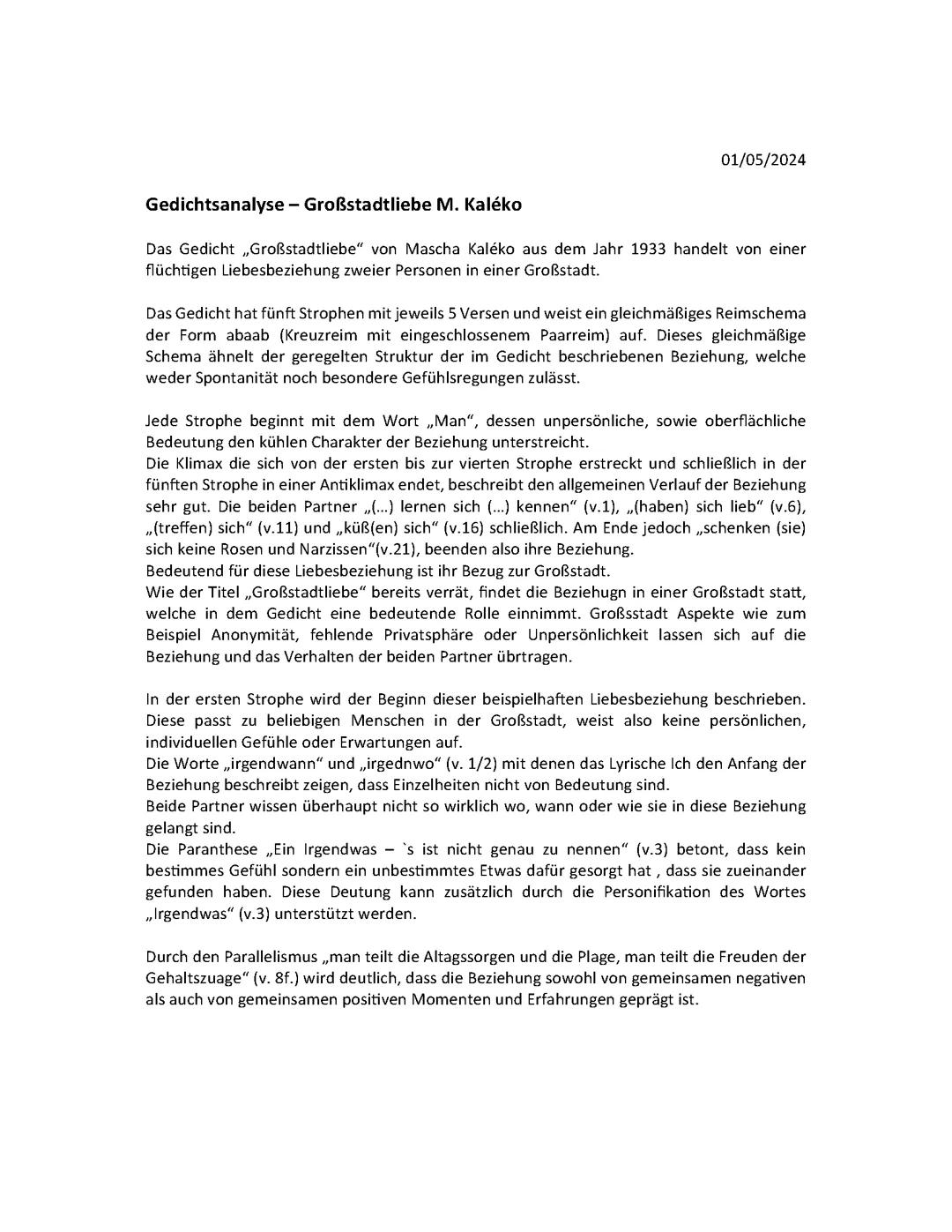 Großstadtliebe M. Kaléko - Gedichtsanalyse