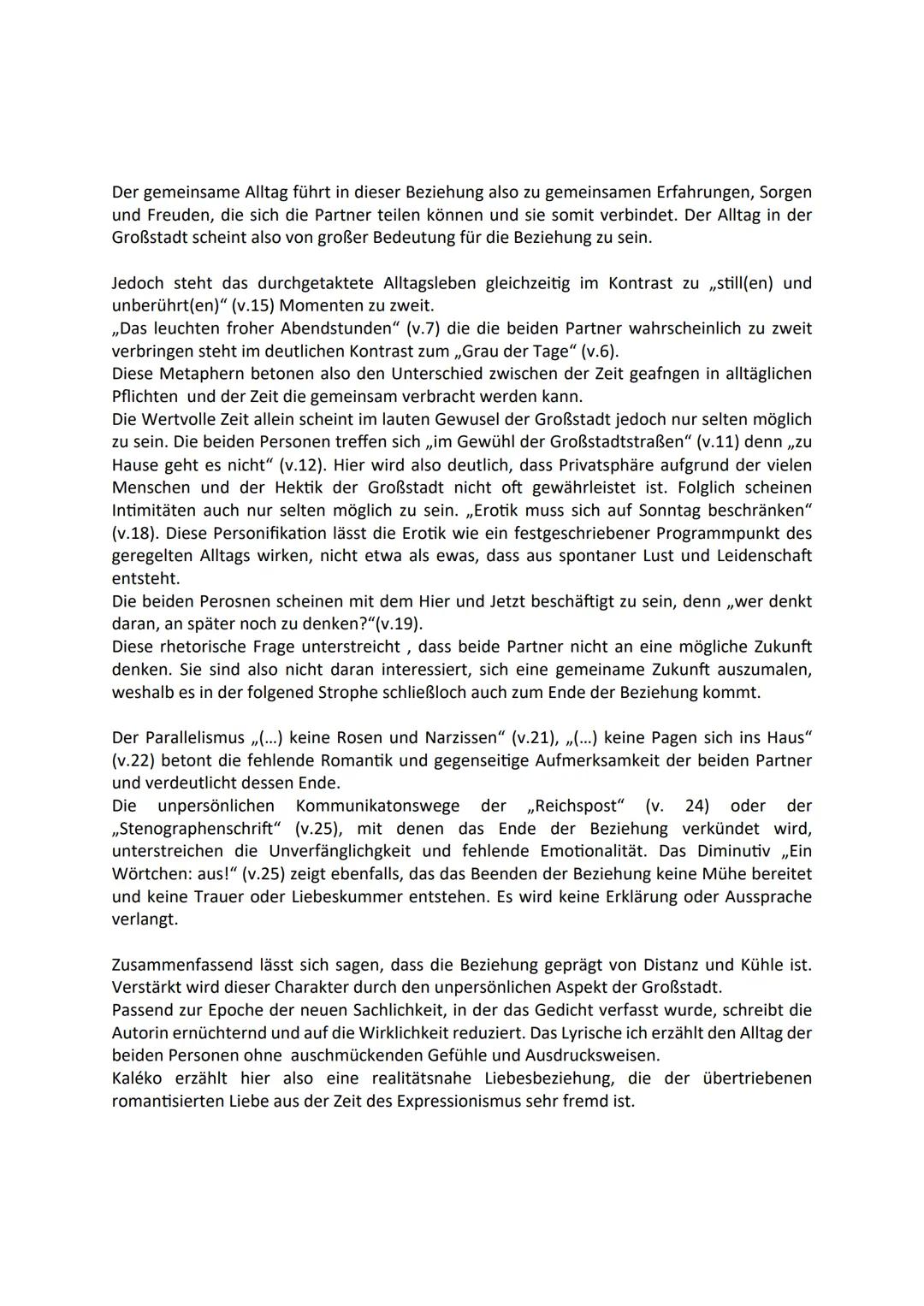 01/05/2024
Gedichtsanalyse - Großstadtliebe M. Kaléko
Das Gedicht,,Großstadtliebe" von Mascha Kaléko aus dem Jahr 1933 handelt von einer
flü