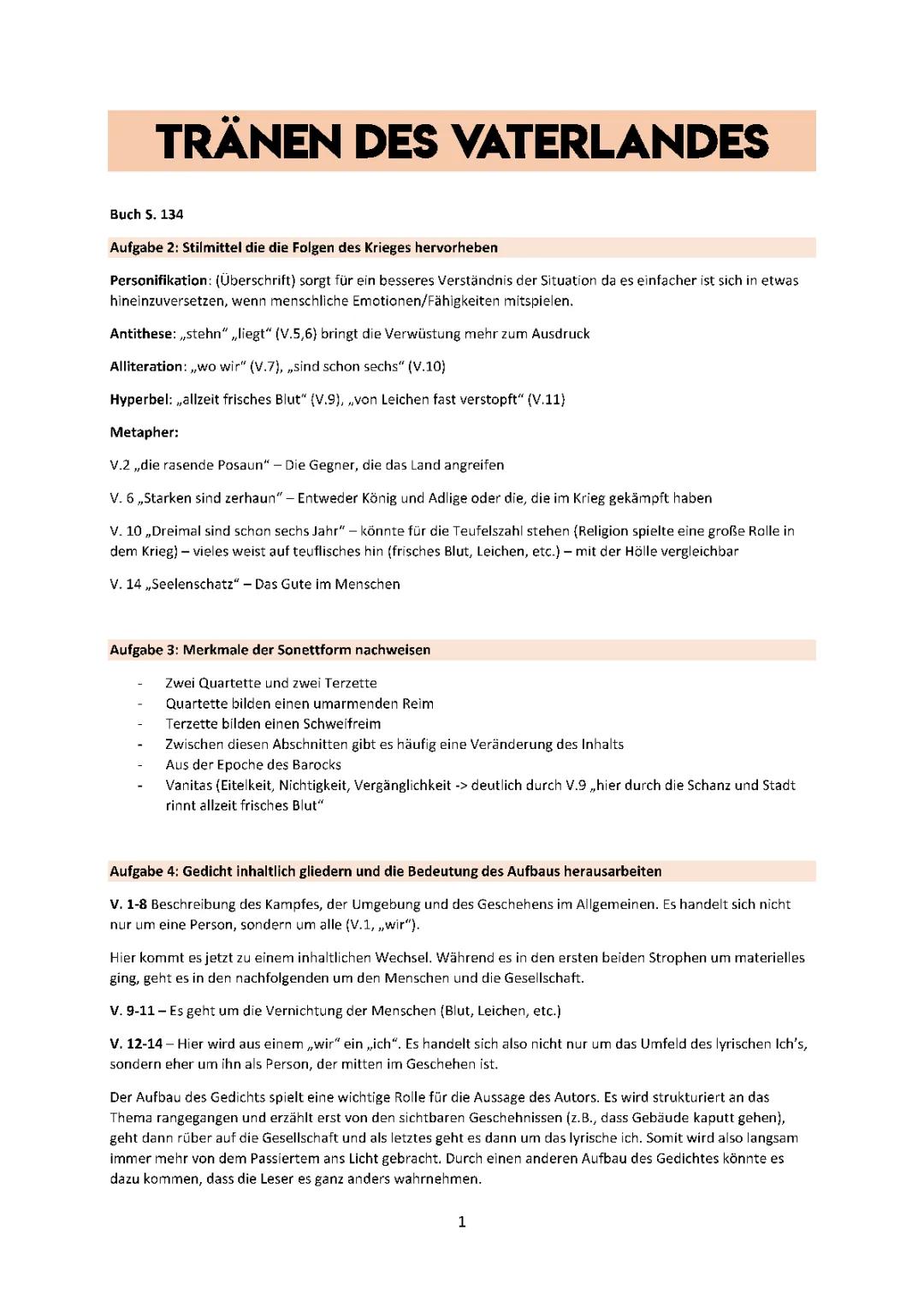 Tränen des Vaterlandes: Gedicht, Analyse, Metrum, Metaphern & PDF