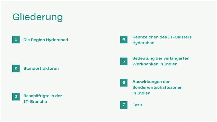 20
Der IT-Standort
Hyderabad
Welche Standortbedingungen für die IT-Industrie
gibt es und wie sehen die Strukturen aus?
Wie entwickelt sich d