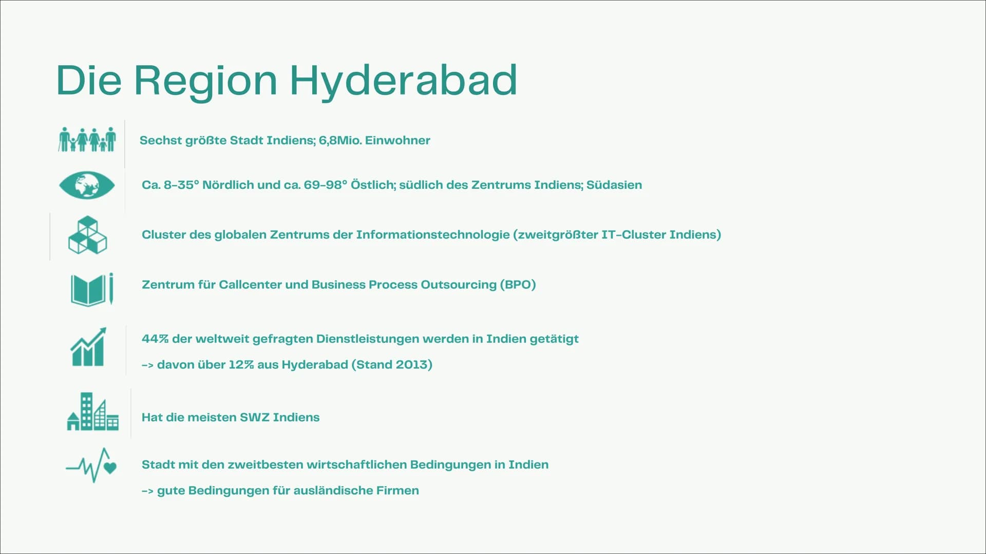 20
Der IT-Standort
Hyderabad
Welche Standortbedingungen für die IT-Industrie
gibt es und wie sehen die Strukturen aus?
Wie entwickelt sich d