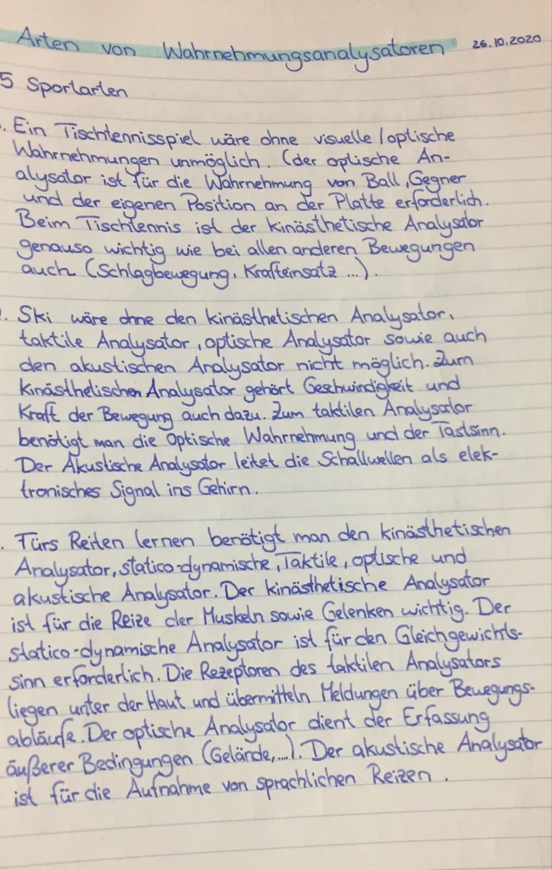 Arten von
Wahrnehmungsanalysatoren
26.10.2020
5 Sportarten
- Ein Tischtennisspiel wäre ohne visuelle / optische
Wahrnehmungen unmöglich. (de