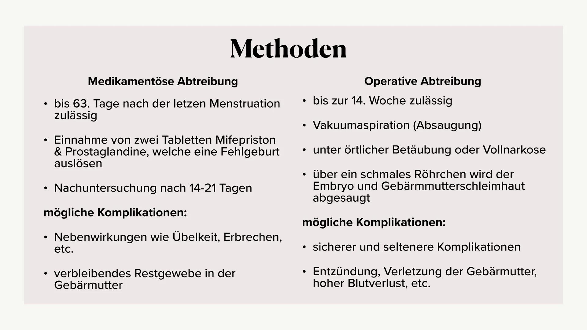 Schwangerschaftsabbrüche -
ethisch vertretbar? Allgemeine Informationen
Bis wann sind Abtreibungen möglich?
Methoden & Komplikationen
Kosten