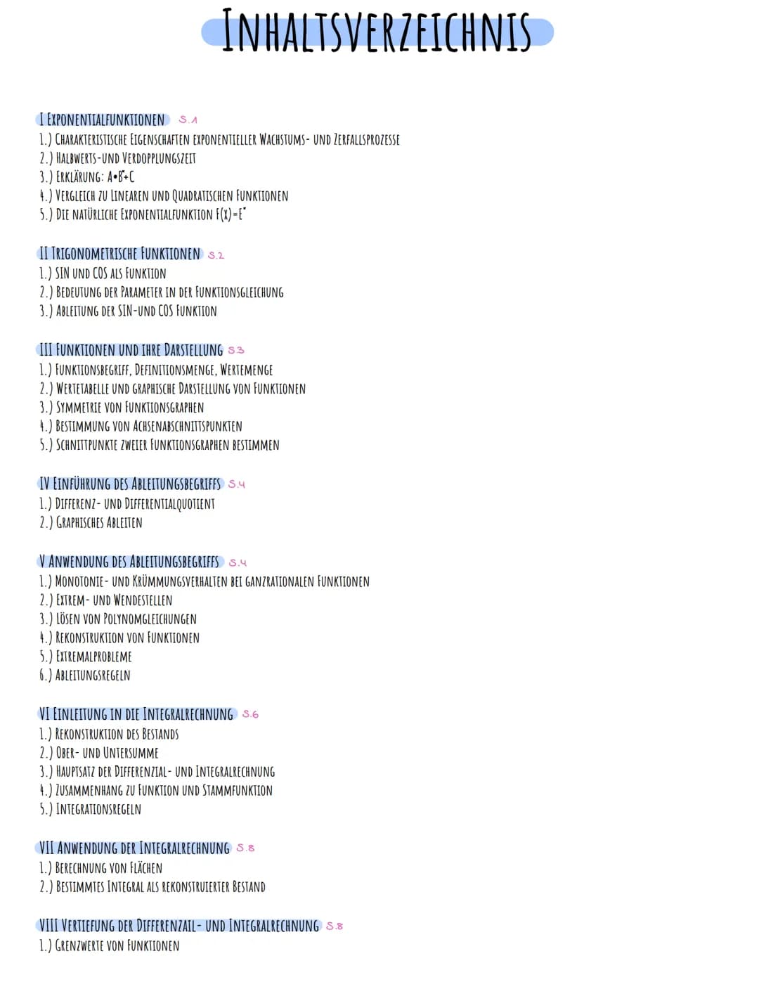 + X
Mathe Abitur 2023
Lernzettel
|
•1• INHALTSVERZEICHNIS
I EXPONENTIALFUNKTIONEN S.A
1.) CHARAKTERISTISCHE EIGENSCHAFTEN EXPONENTIELLER WAC