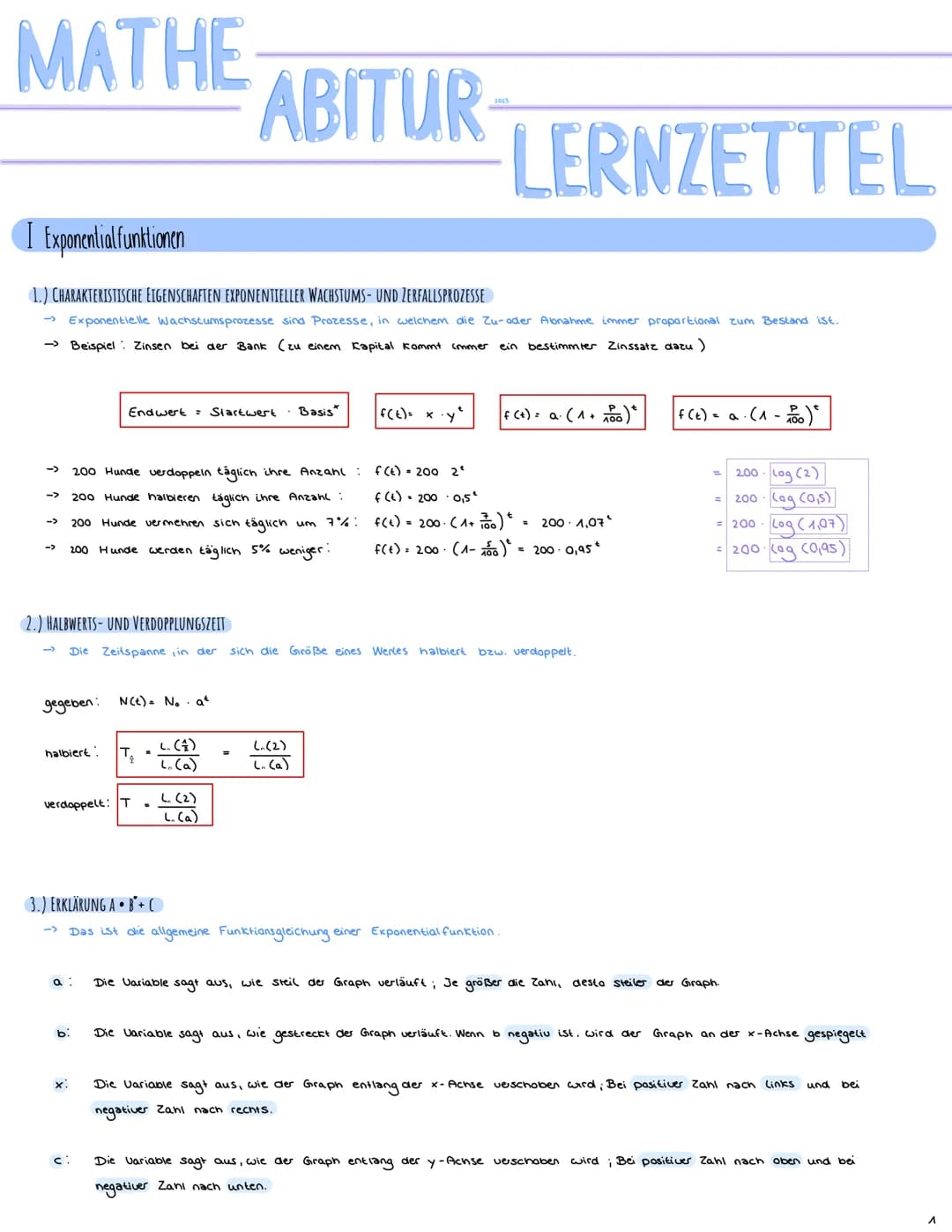 + X
Mathe Abitur 2023
Lernzettel
|
•1• INHALTSVERZEICHNIS
I EXPONENTIALFUNKTIONEN S.A
1.) CHARAKTERISTISCHE EIGENSCHAFTEN EXPONENTIELLER WAC