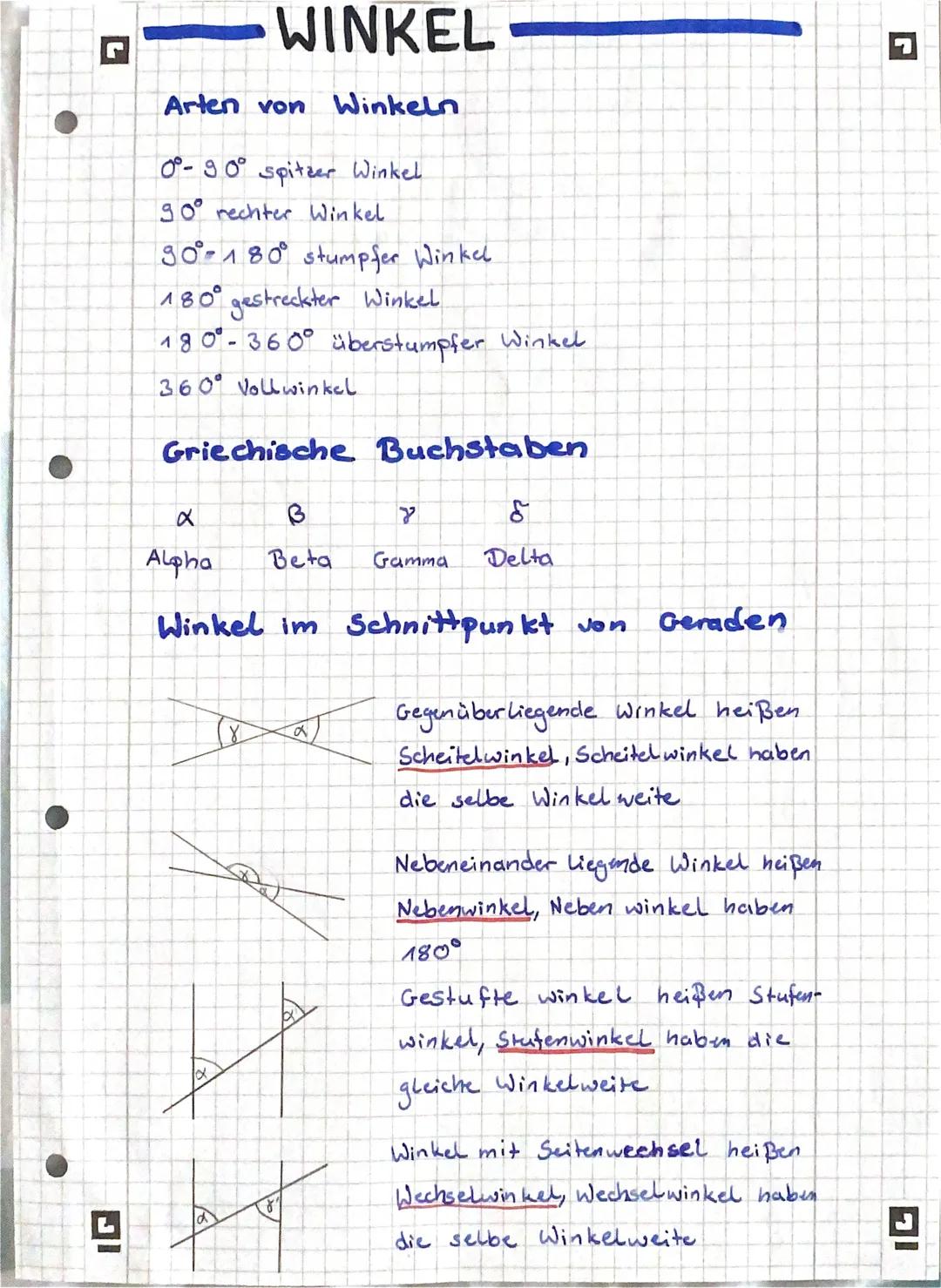 # WINKEL

Arten von Winkeln

0°-90° spitzer Winkel

90° rechter Winkel

90°-180° stumpfer Winkel

180° gestreckter Winkel

180°-360° überstu