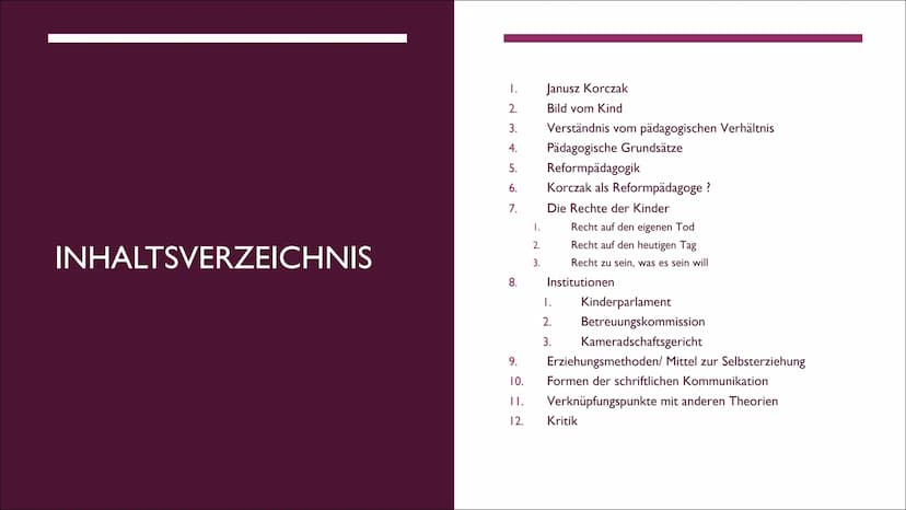 DAS
REFORMPÄDAGOGISCHE
KONZEPT VON KORCZAK
EINE PRÄSENTATION VON LILITH INHALTSVERZEICHNIS
I.
2.
3.
4.
5.
6.
7.
8.
9.
10.
II.
12.
I.
2.
3.
J