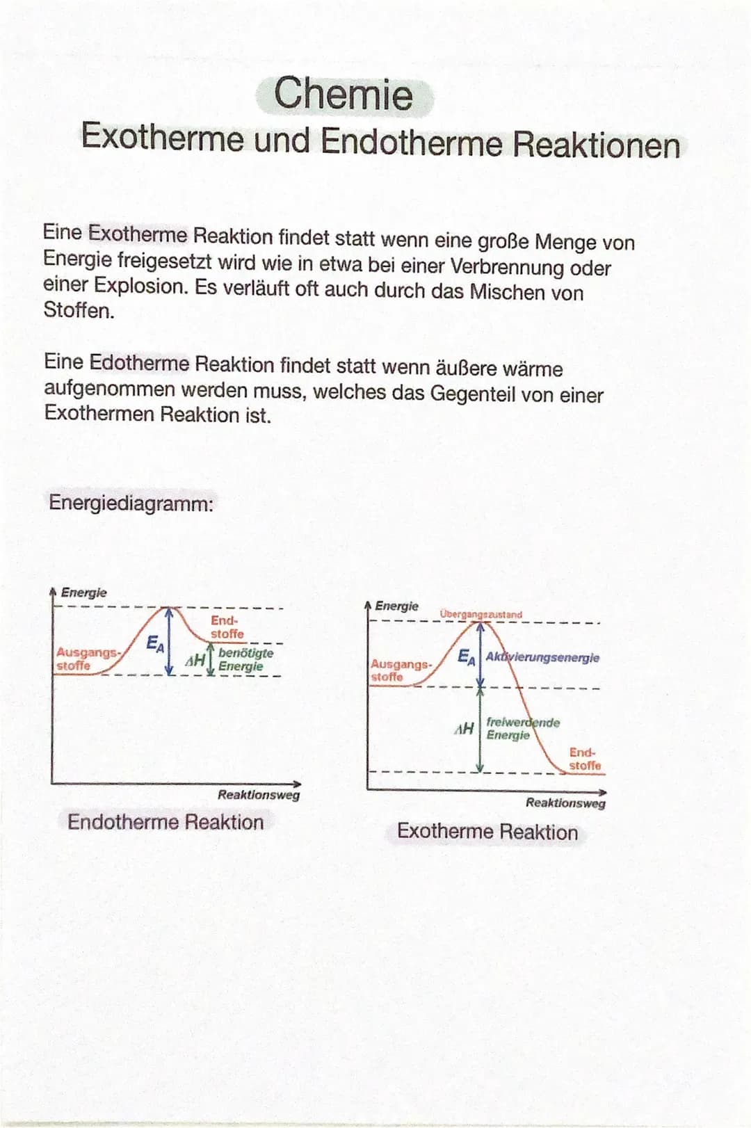 Chemie
Exotherme und Endotherme Reaktionen
Eine Exotherme Reaktion findet statt wenn eine große Menge von
Energie freigesetzt wird wie in et