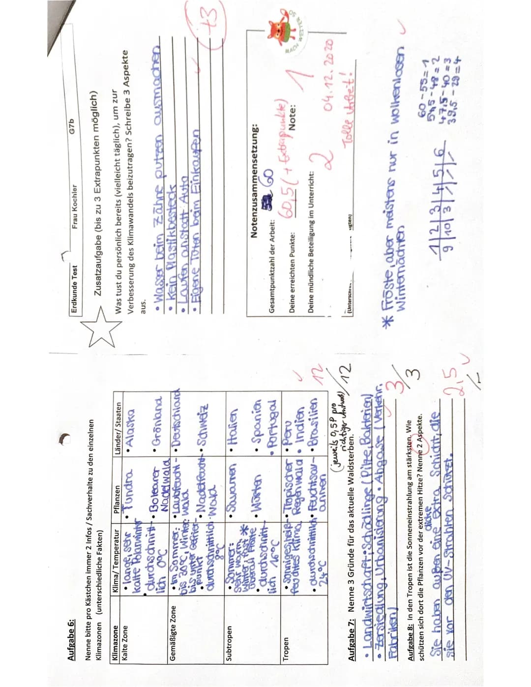 Klasse
Dezember 2020
Thema Klima- und Vegetationszonen
Erdkunde-Test
Aufgabe 1
Hier ist ein Abbild der Weltkugel in vereinfachter Form.
Trag