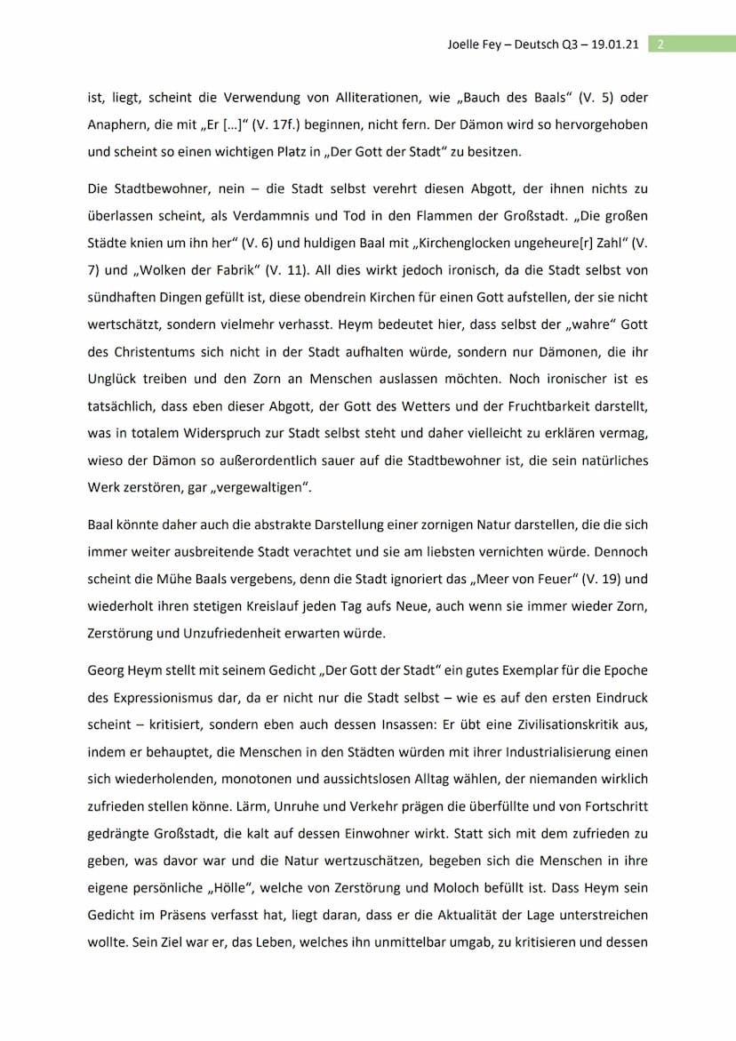 Deutsch Q3 19.01.21
Gedichtanalyse: „Gott der Stadt" - Georg Heym
Das Gedicht ,,Der Gott der Stadt" von Georg Heym, veröffentlicht 1910, sta