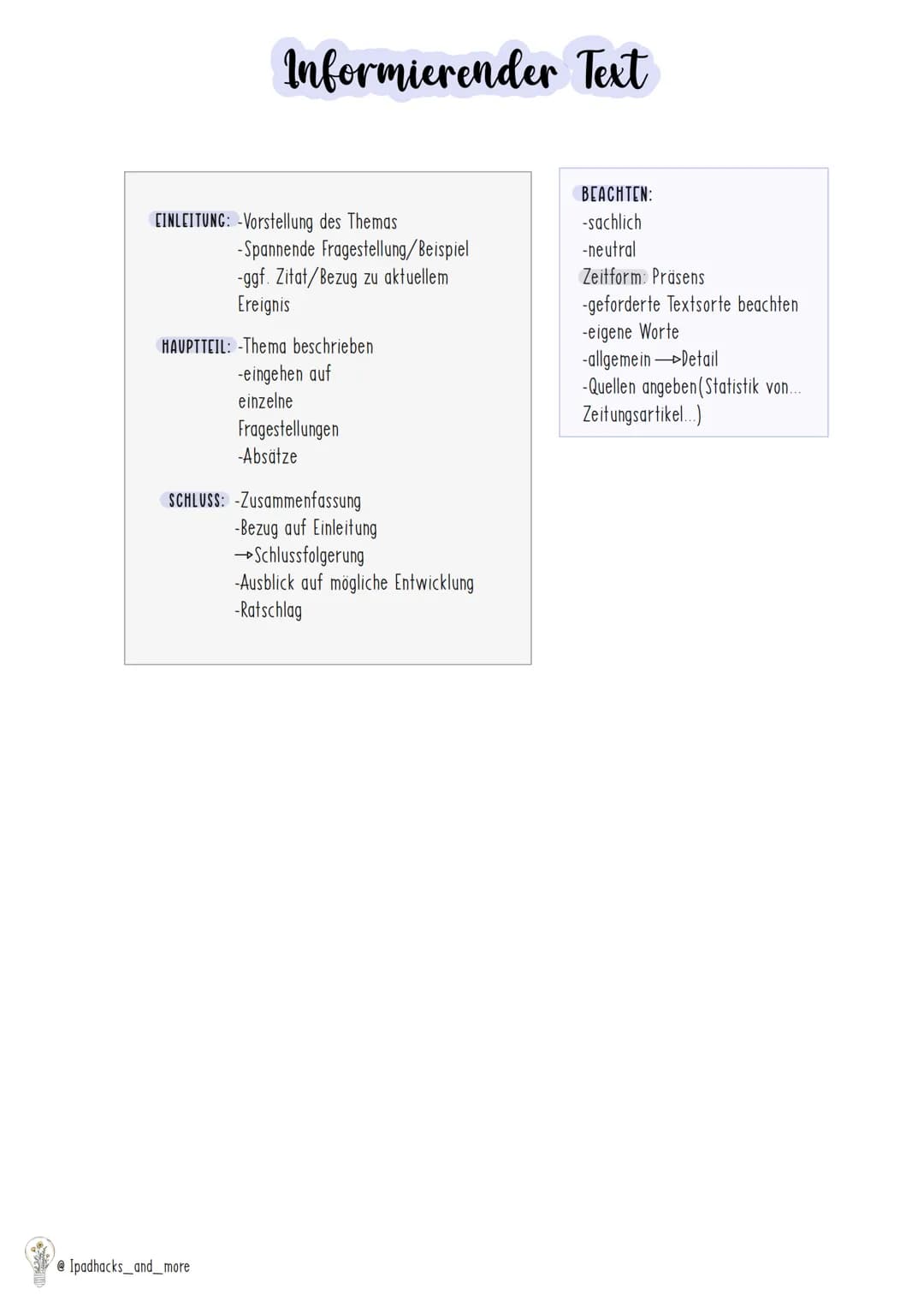 CINLEITUNG -Titel
-Autor
-Jahr
-Quelle
-Textsorte
-Kernaussage
AUFBAU
@ Ipadhacks_and_more
Sachtextanalyse
HAUPTTEIL -Zusammenfassung wesent
