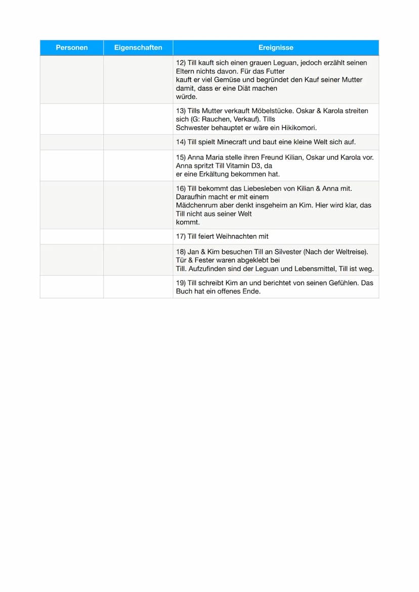Personen
Till -> Protagonist
Karola > Mutter
Oskar -> Vater
Jan -> Kumpel
Anna-Marie->
(jüngere)
Schwester
Frau König ->
Lehrerin
Herr Steig