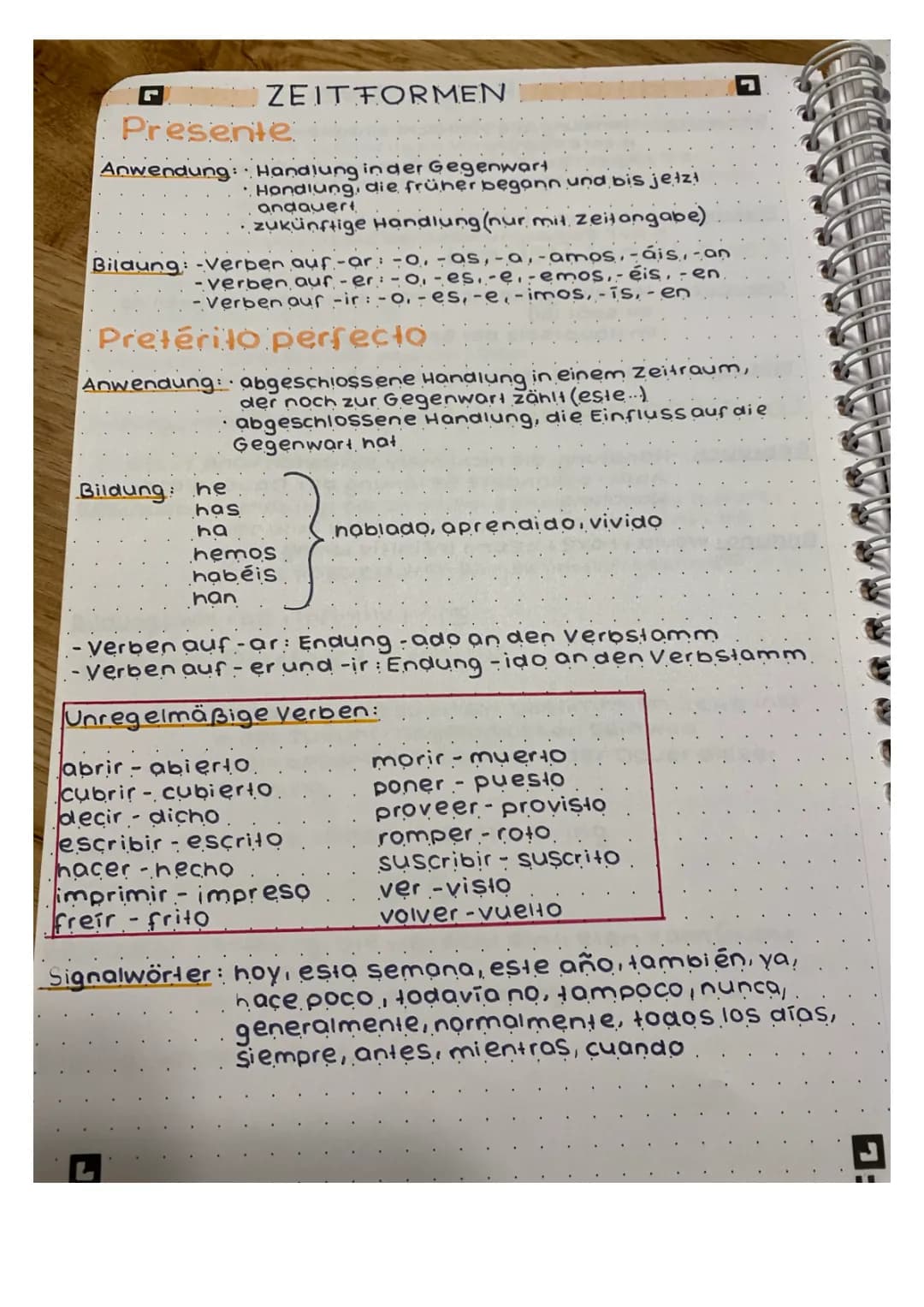 Spanische Zeiten Übersicht: PDF mit Übungen und Signalwörtern
