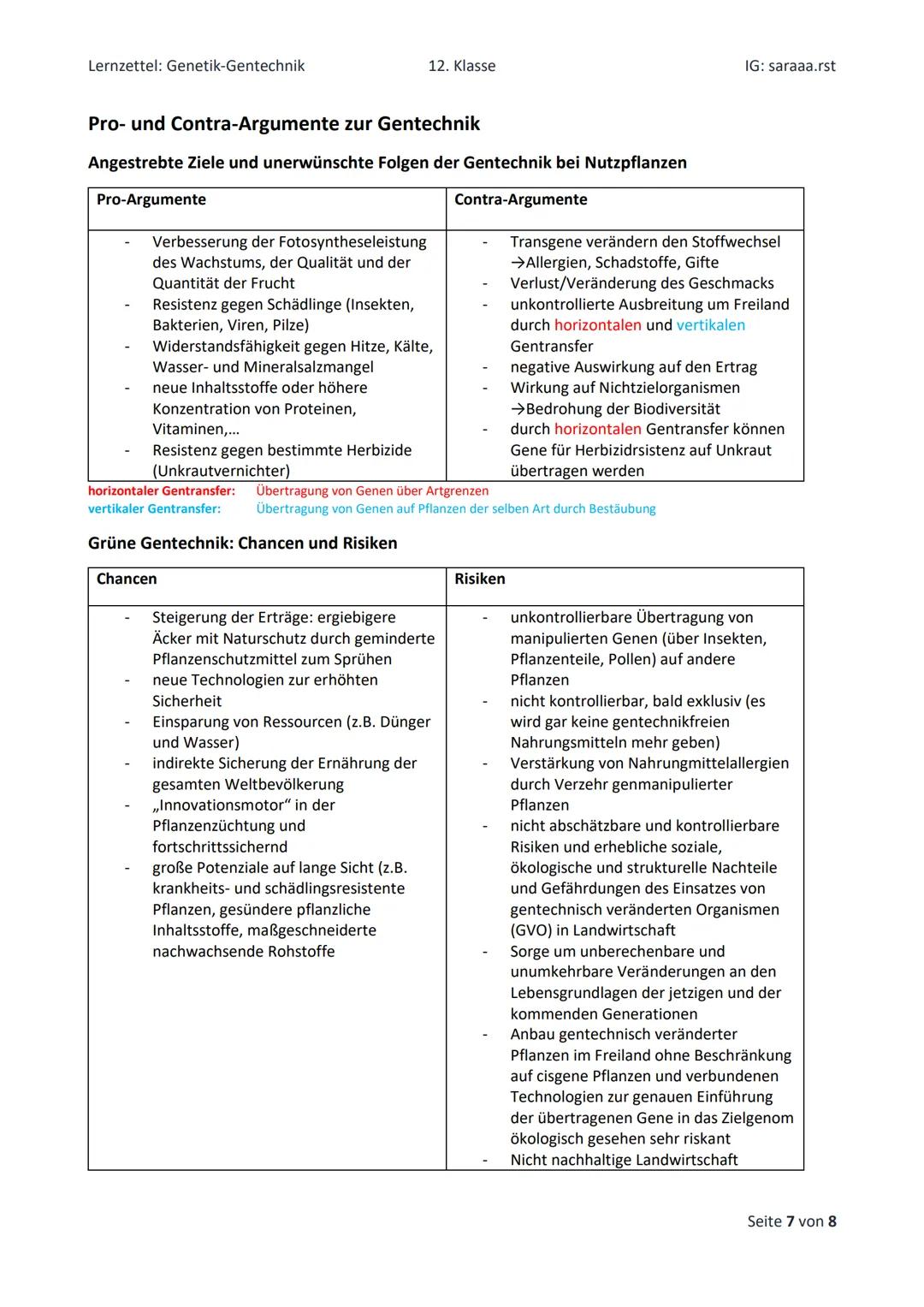 Lernzettel: Genetik-Gentechnik
Gentechnik
●
gezielte Eingriffe in das Genom von Organismen, um deren genetisch bedingte Eigenschaften zu ver