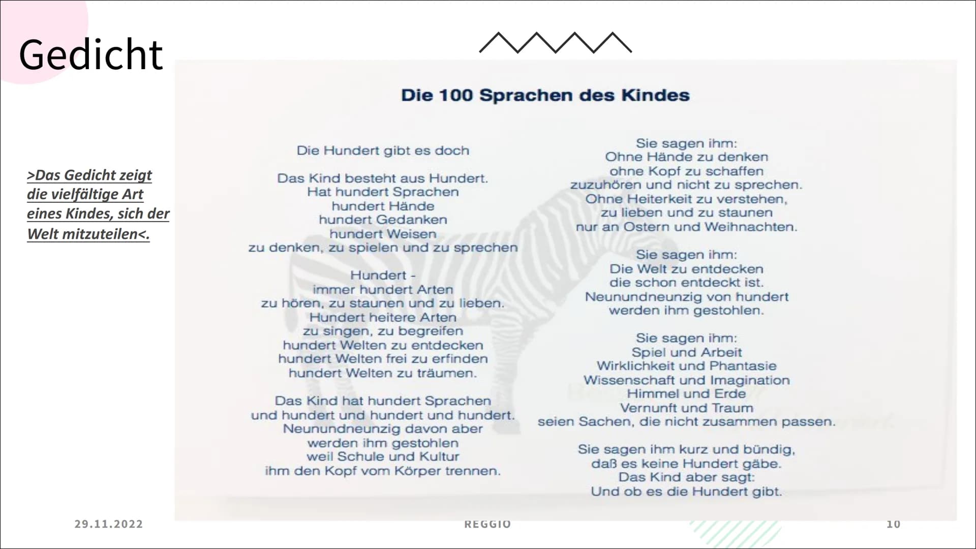 Reggio
Frances Kutz
Destiny Thadewaldt
oksi 29.11.2022
REGGIO
Themen
Was ist Reggio
➤ Beziehungsdreieck
➤ Gründer und sein Konzept
> Entsteh