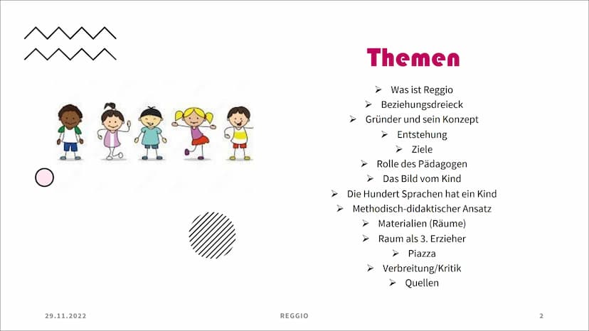 Reggio
Frances Kutz
Destiny Thadewaldt
oksi 29.11.2022
REGGIO
Themen
Was ist Reggio
➤ Beziehungsdreieck
➤ Gründer und sein Konzept
> Entsteh
