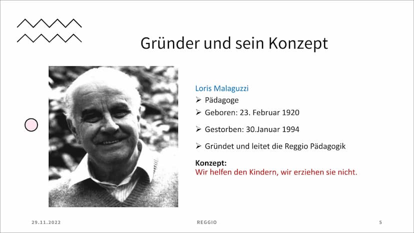 Reggio
Frances Kutz
Destiny Thadewaldt
oksi 29.11.2022
REGGIO
Themen
Was ist Reggio
➤ Beziehungsdreieck
➤ Gründer und sein Konzept
> Entsteh