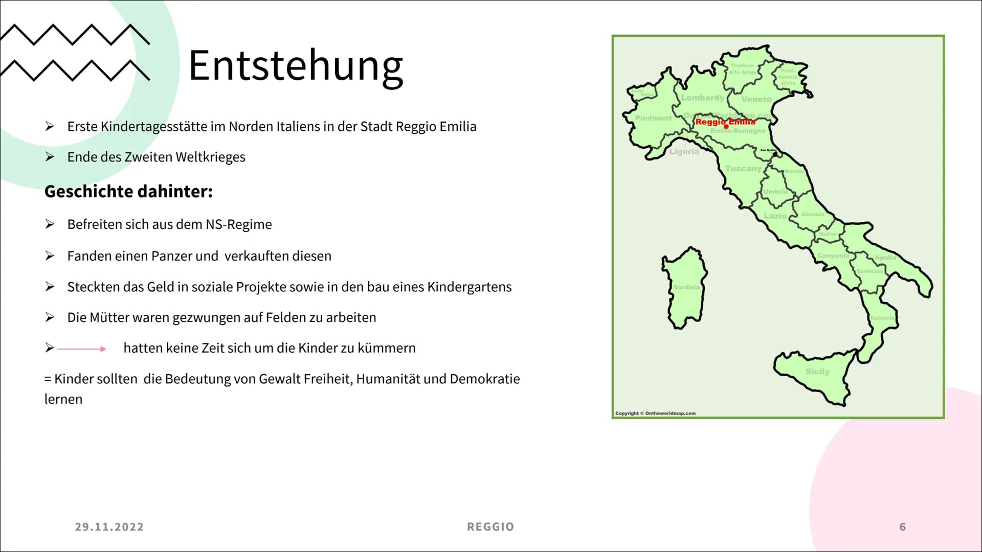 Reggio
Frances Kutz
Destiny Thadewaldt
oksi 29.11.2022
REGGIO
Themen
Was ist Reggio
➤ Beziehungsdreieck
➤ Gründer und sein Konzept
> Entsteh