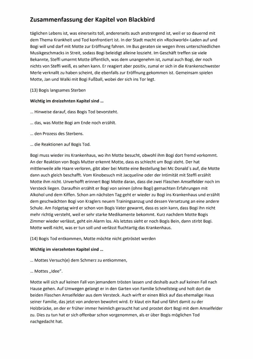 Zusammenfassung der Kapitel von Blackbird
(1) Der Anruf von Bogis Vater verändert alles- Bogi ist schwer krank und im Krankenhaus
Wichtig im