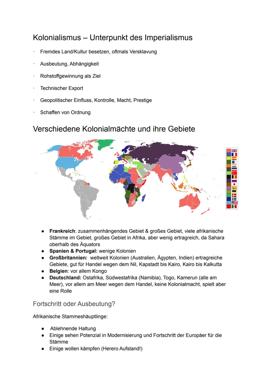 Imperialismus und Erster Weltkrieg
Imperialismus
Kolonialismus - Unterpunkt des Imperialismus
Verschiedene Kolonialmächte und ihre Gebiete
F