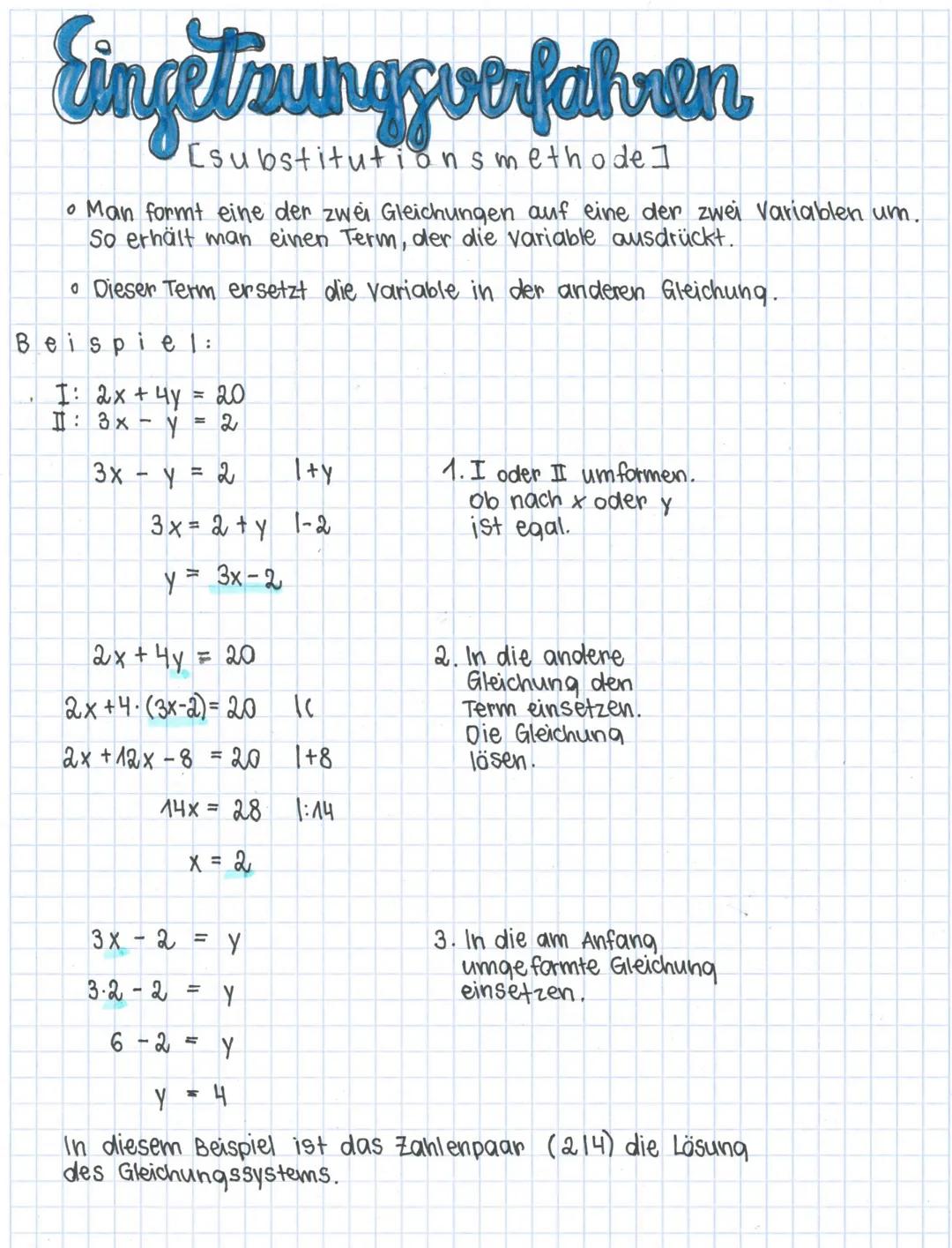 # Einsetzungsverfahren

[substitutionsmethode]

*   Man formt eine der zwei Gleichungen auf eine der zwei Variablen um.
    So erhält man ei
