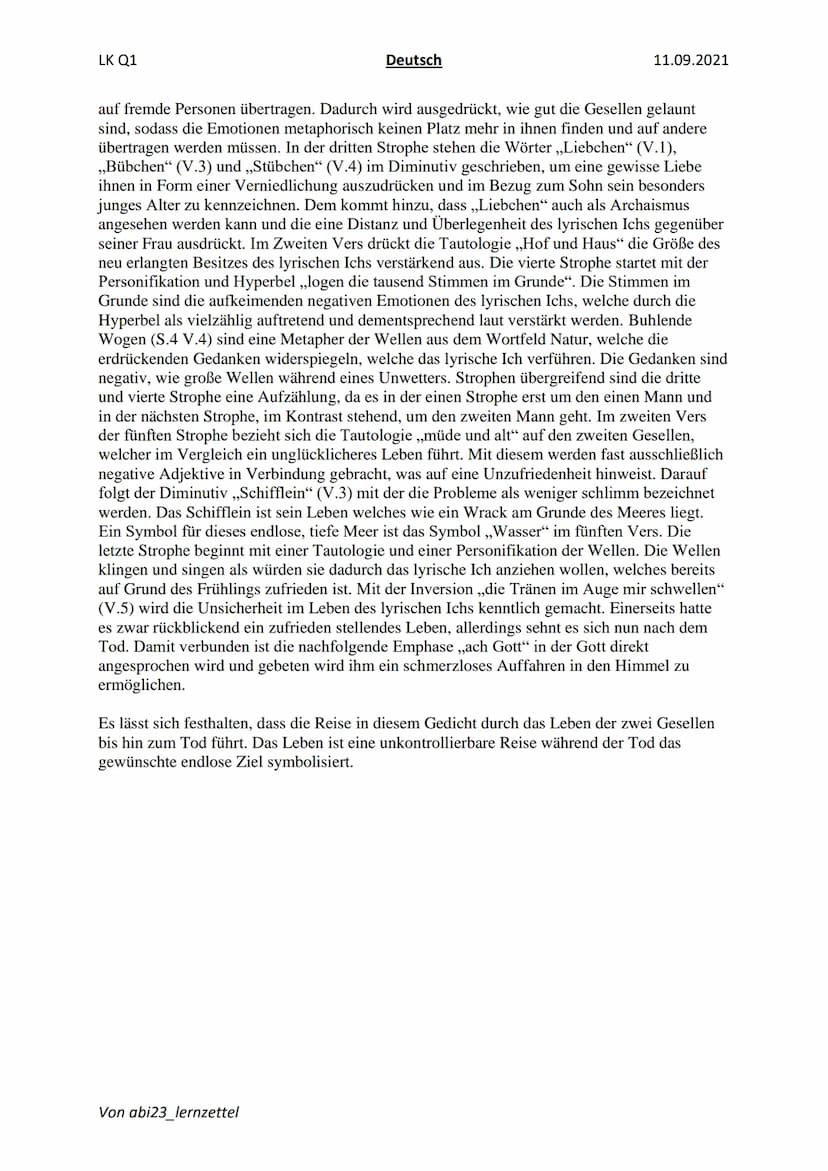 LK Q1
Deutsch
Analyse des Gedichts ,,Die zwei Gesellen" unter besonderer Berücksichtigung des
Reisemotivs
11.09.2021
Das Gedicht ,,Die zwei 