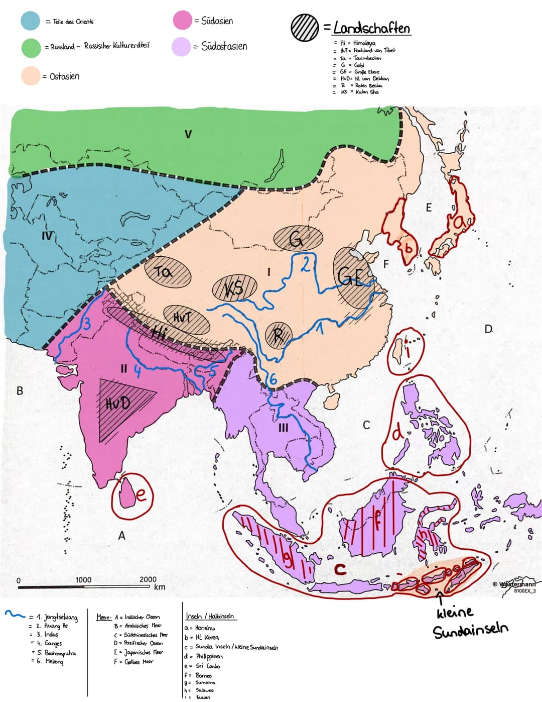 B
0
= Teile des Orients
= Russland Russischer Kulturerdteil
= Ostasien
1000
= 1. Jangtsekiang
= 2. Huang He
= 3. Indus
= 4. Ganges
= 5. Brah