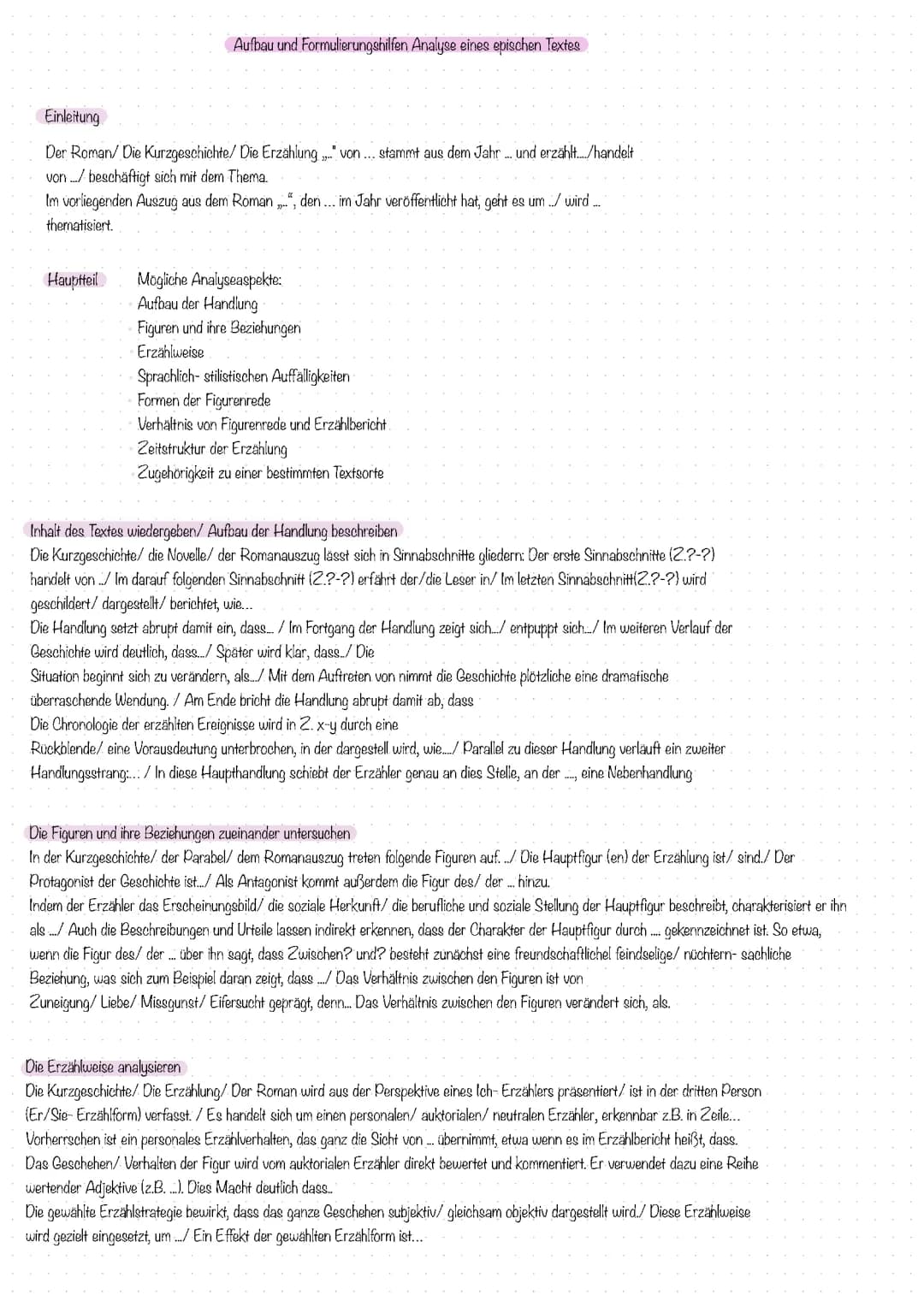 Aufbau und Formulierungshilfen Analyse epischer Texte 