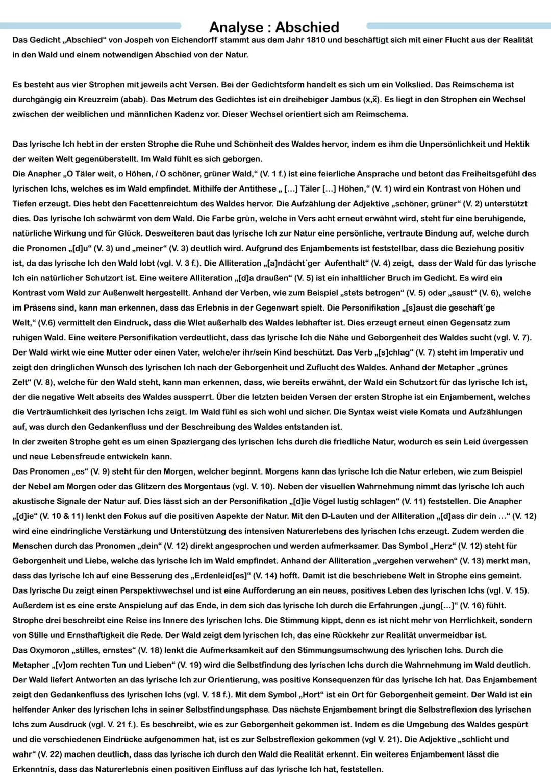 Analyse: Abschied
Das Gedicht ,,Abschied" von Jospeh von Eichendorff stammt aus dem Jahr 1810 und beschäftigt sich mit einer Flucht aus der 