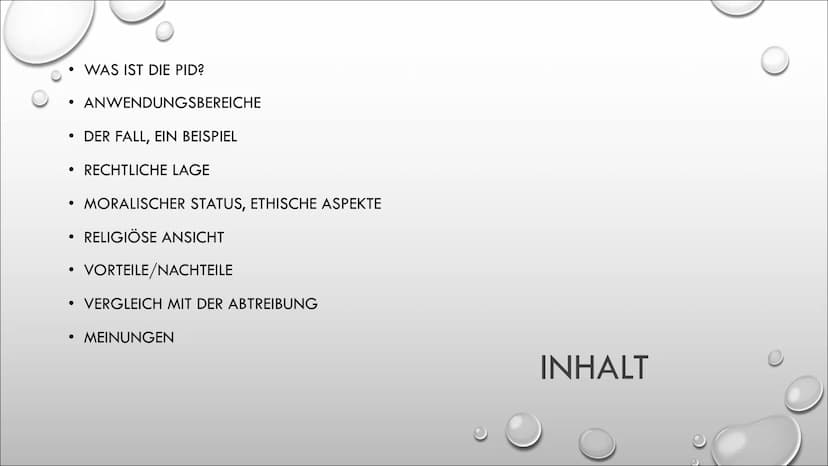 D
PRÄIMPLANTATIONSDIAGNOSTIK WAS IST DIE PID?
•
ANWENDUNGSBEREICHE
• DER FALL, EIN BEISPIEL
• RECHTLICHE LAGE
MORALISCHER STATUS, ETHISCHE A