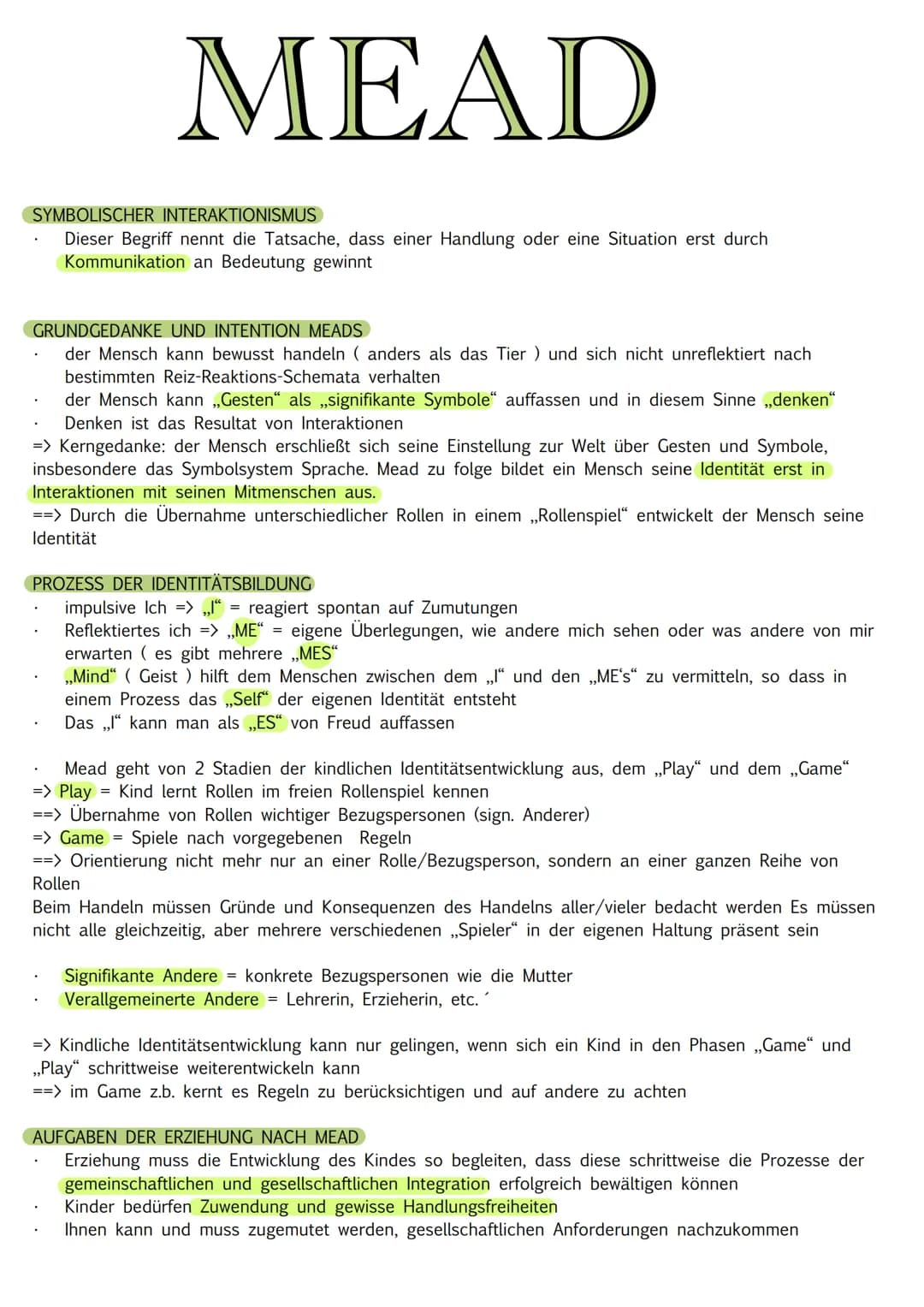 MEAD
SYMBOLISCHER INTERAKTIONISMUS
Dieser Begriff nennt die Tatsache, dass einer Handlung oder eine Situation erst durch
Kommunikation an Be