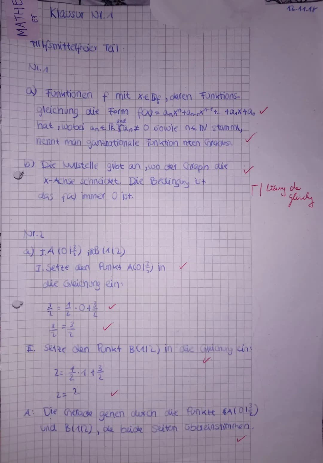 Mathematik
Klausur Nr.3 | 18/19
Thema:
Hilfsmittelfreier Teil (30 Min)
Name:
Datum:
03.04.19
Klasse:
EF M G2
Hilfsmittelfreier Teil
Bei der 