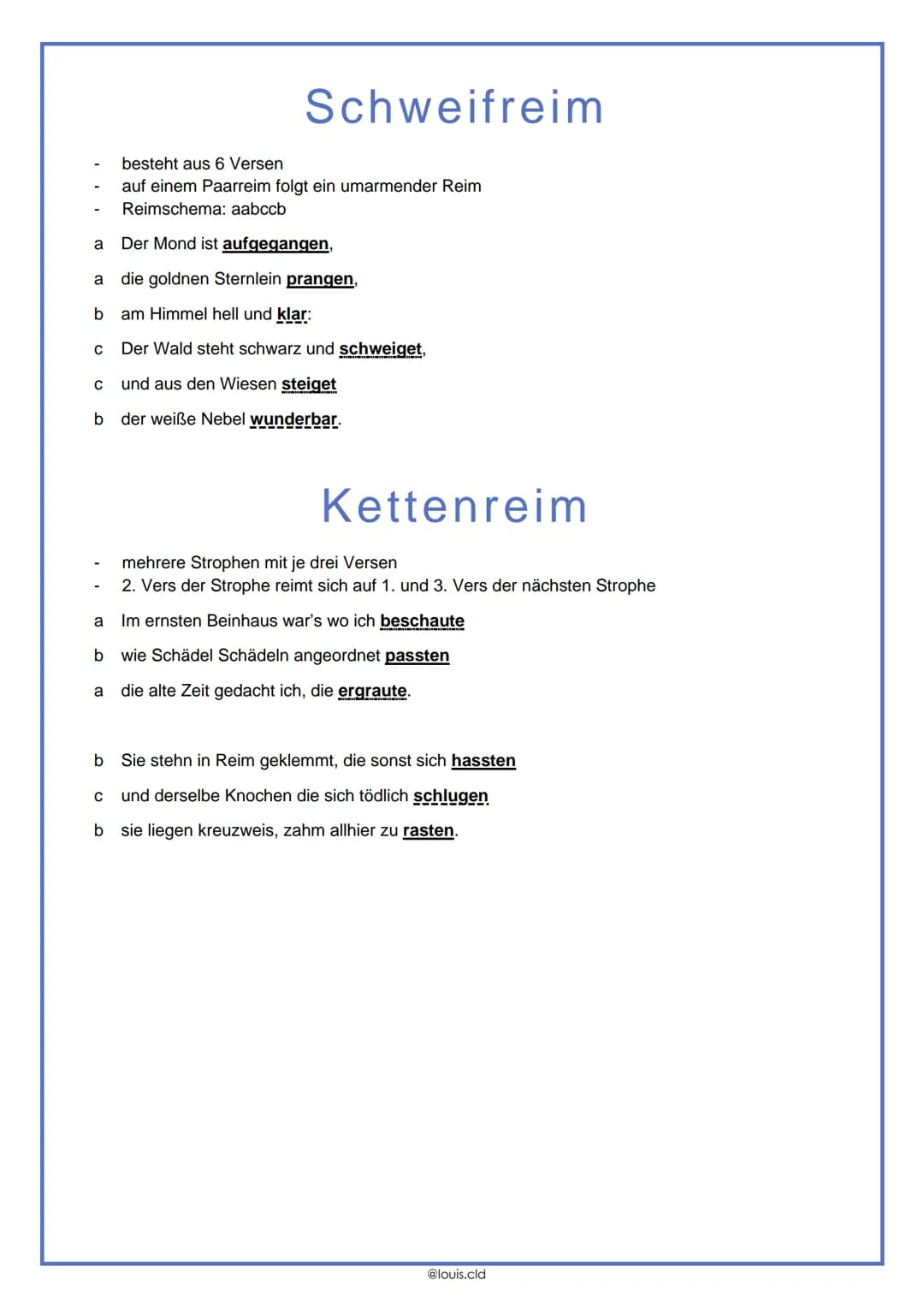 REIMSCHEMEN
a
a
b
a
b
b
er fasst ihn sicher, es hält ihn warm
Paarreim
a
zwei aufeinanderfolgende Verse reimen sich
Reimschema: aabb
a
Wer r