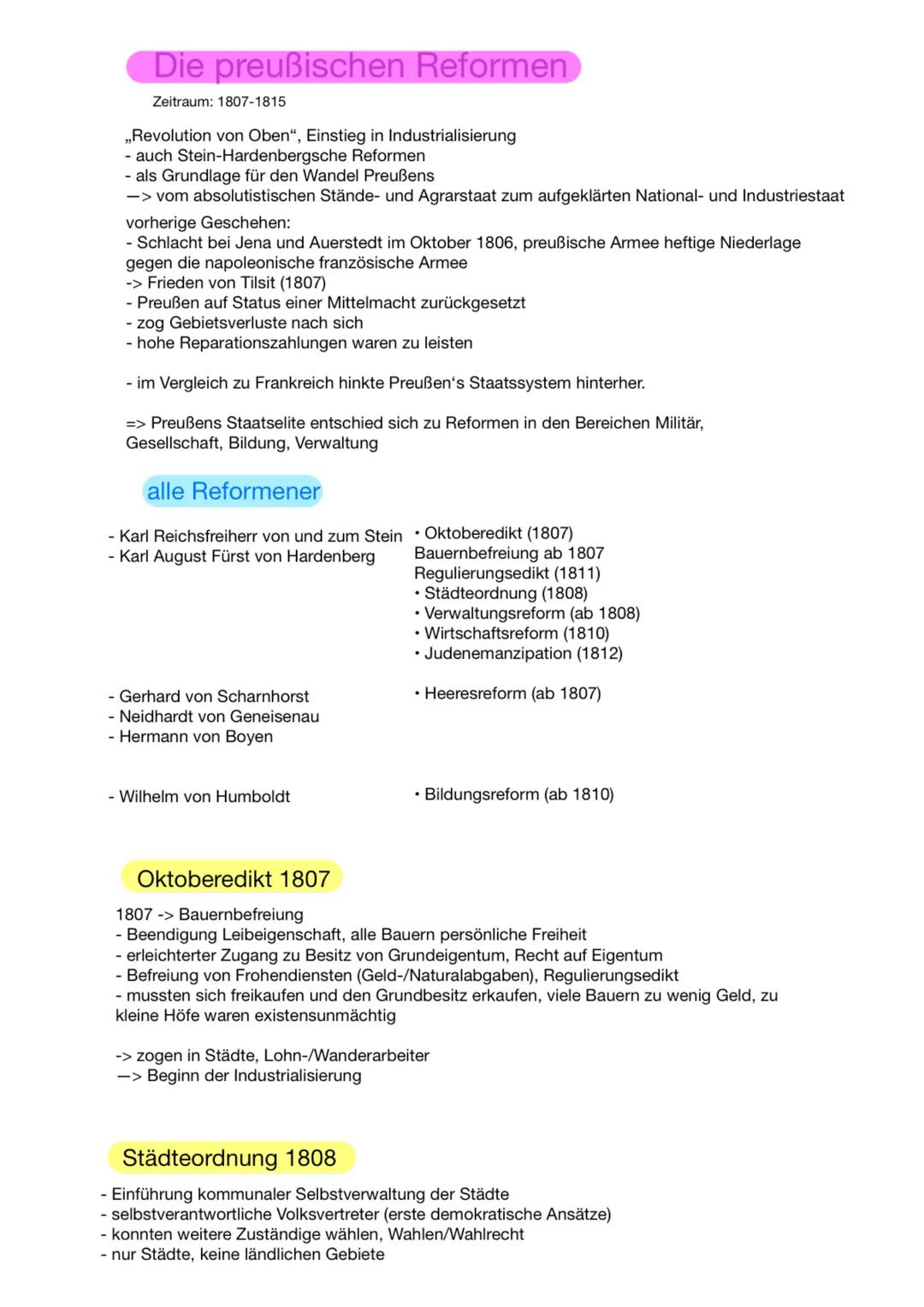 Die preußischen Reformen
Zeitraum: 1807-1815
,,Revolution von Oben", Einstieg in Industrialisierung
- auch Stein-Hardenbergsche Reformen
- a