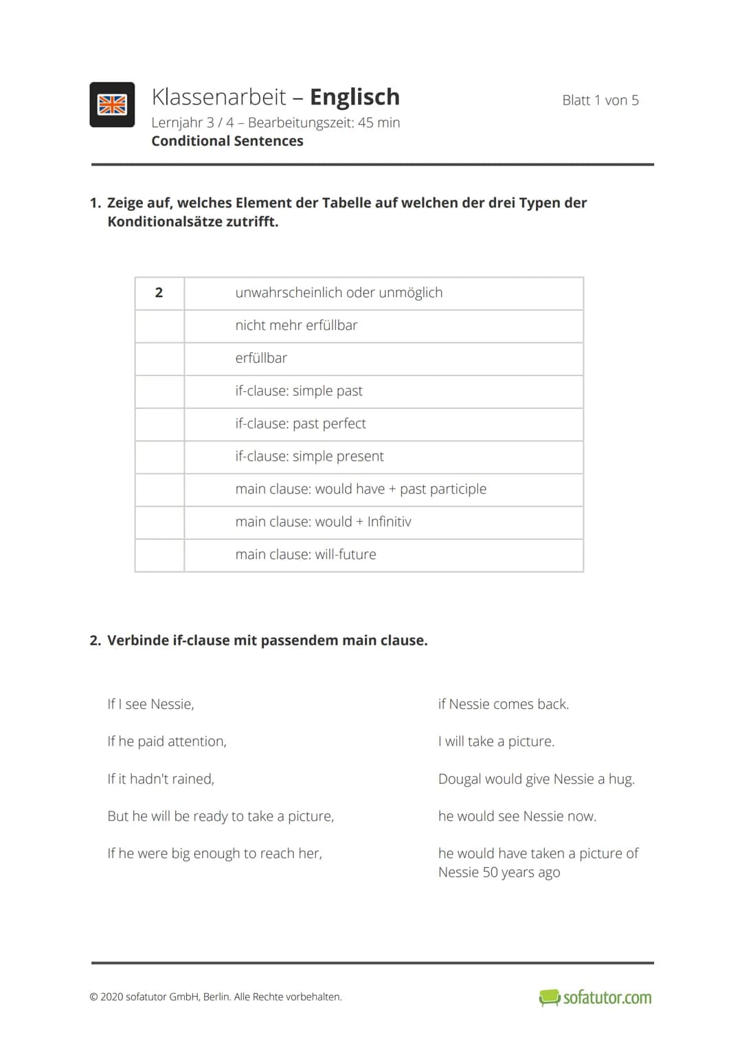 開
Klassenarbeit - Englisch
Lernjahr 3/4 - Bearbeitungszeit: 45 min
Conditional Sentences
1. Zeige auf, welches Element der Tabelle auf welch