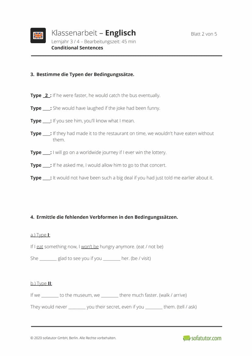 開
Klassenarbeit - Englisch
Lernjahr 3/4 - Bearbeitungszeit: 45 min
Conditional Sentences
1. Zeige auf, welches Element der Tabelle auf welch