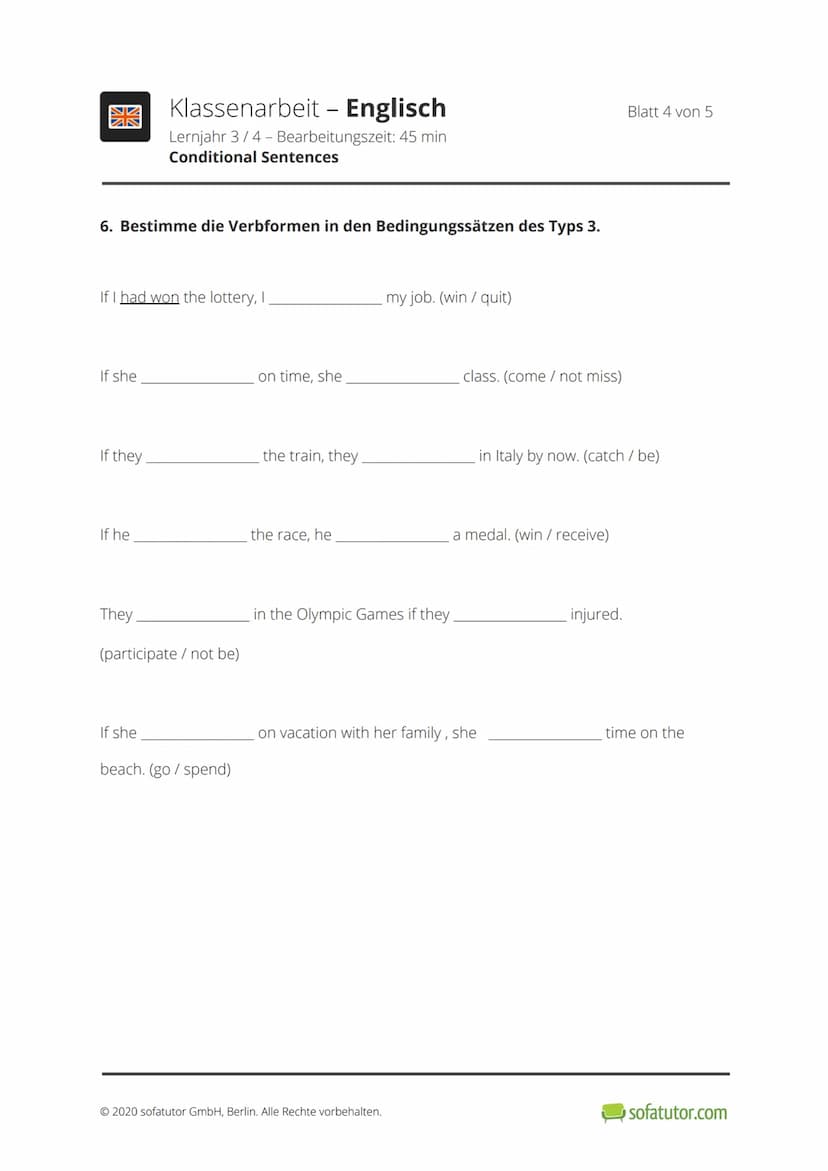 開
Klassenarbeit - Englisch
Lernjahr 3/4 - Bearbeitungszeit: 45 min
Conditional Sentences
1. Zeige auf, welches Element der Tabelle auf welch