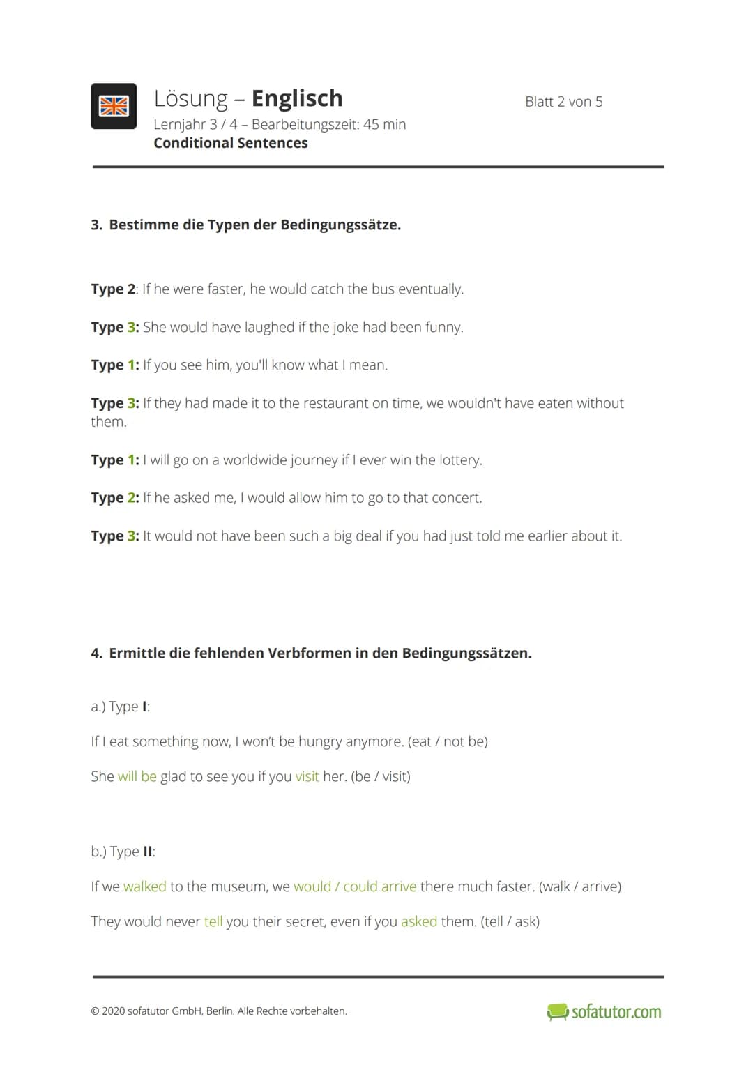 開
Klassenarbeit - Englisch
Lernjahr 3/4 - Bearbeitungszeit: 45 min
Conditional Sentences
1. Zeige auf, welches Element der Tabelle auf welch