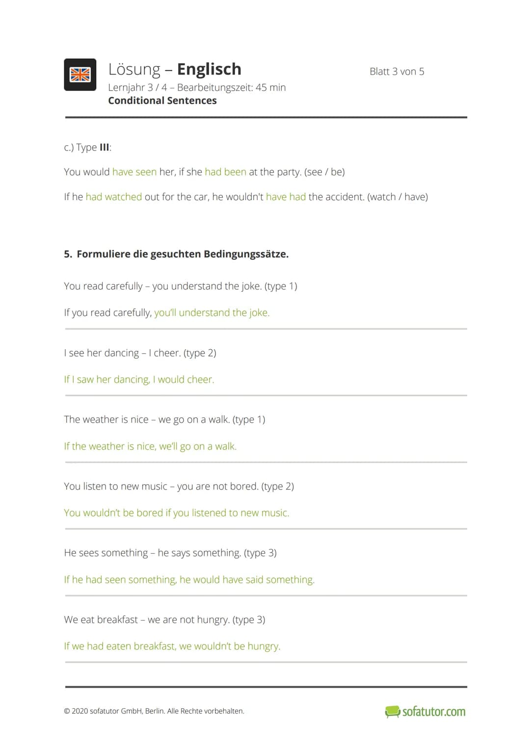開
Klassenarbeit - Englisch
Lernjahr 3/4 - Bearbeitungszeit: 45 min
Conditional Sentences
1. Zeige auf, welches Element der Tabelle auf welch