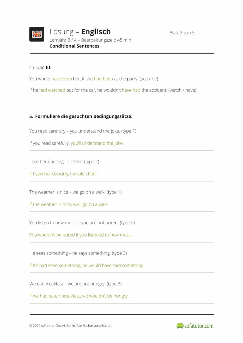 開
Klassenarbeit - Englisch
Lernjahr 3/4 - Bearbeitungszeit: 45 min
Conditional Sentences
1. Zeige auf, welches Element der Tabelle auf welch