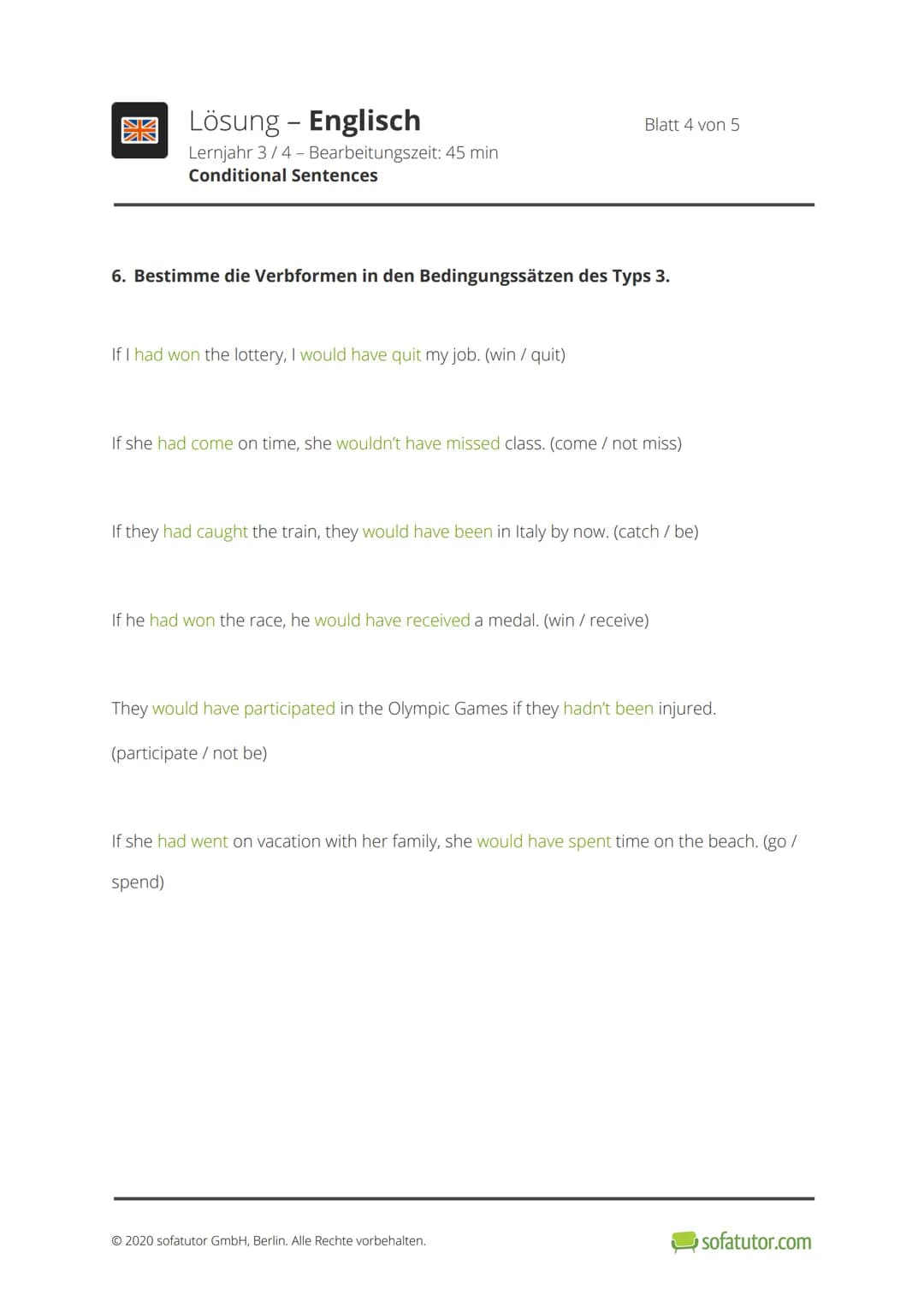 開
Klassenarbeit - Englisch
Lernjahr 3/4 - Bearbeitungszeit: 45 min
Conditional Sentences
1. Zeige auf, welches Element der Tabelle auf welch