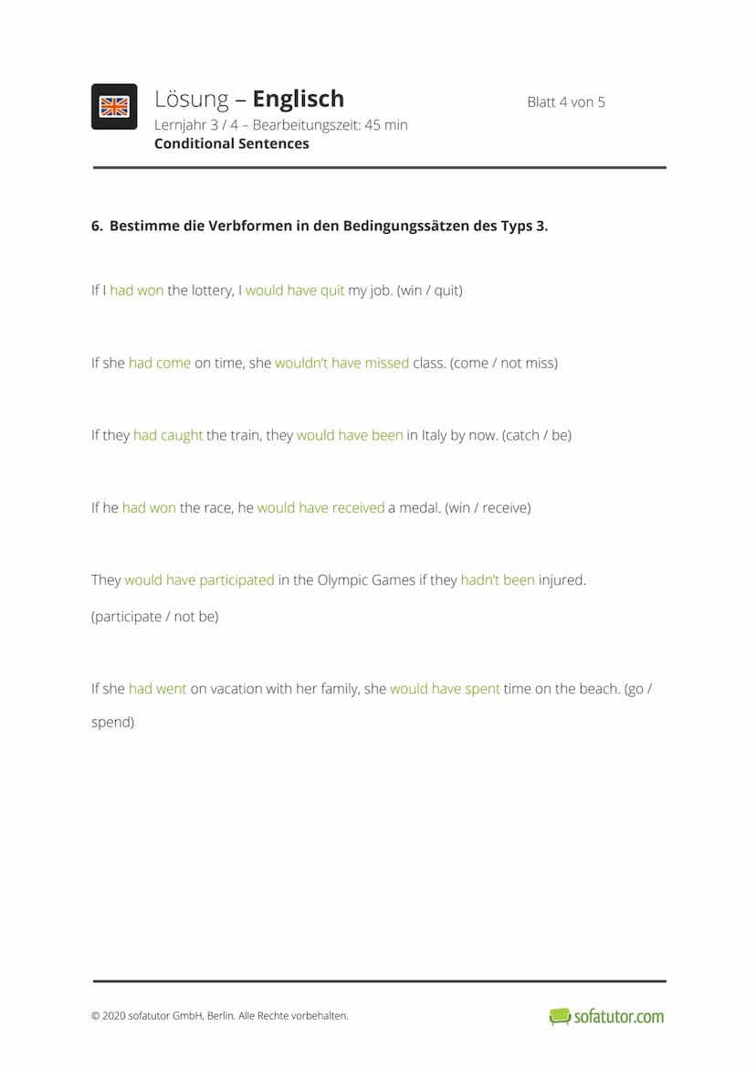 開
Klassenarbeit - Englisch
Lernjahr 3/4 - Bearbeitungszeit: 45 min
Conditional Sentences
1. Zeige auf, welches Element der Tabelle auf welch