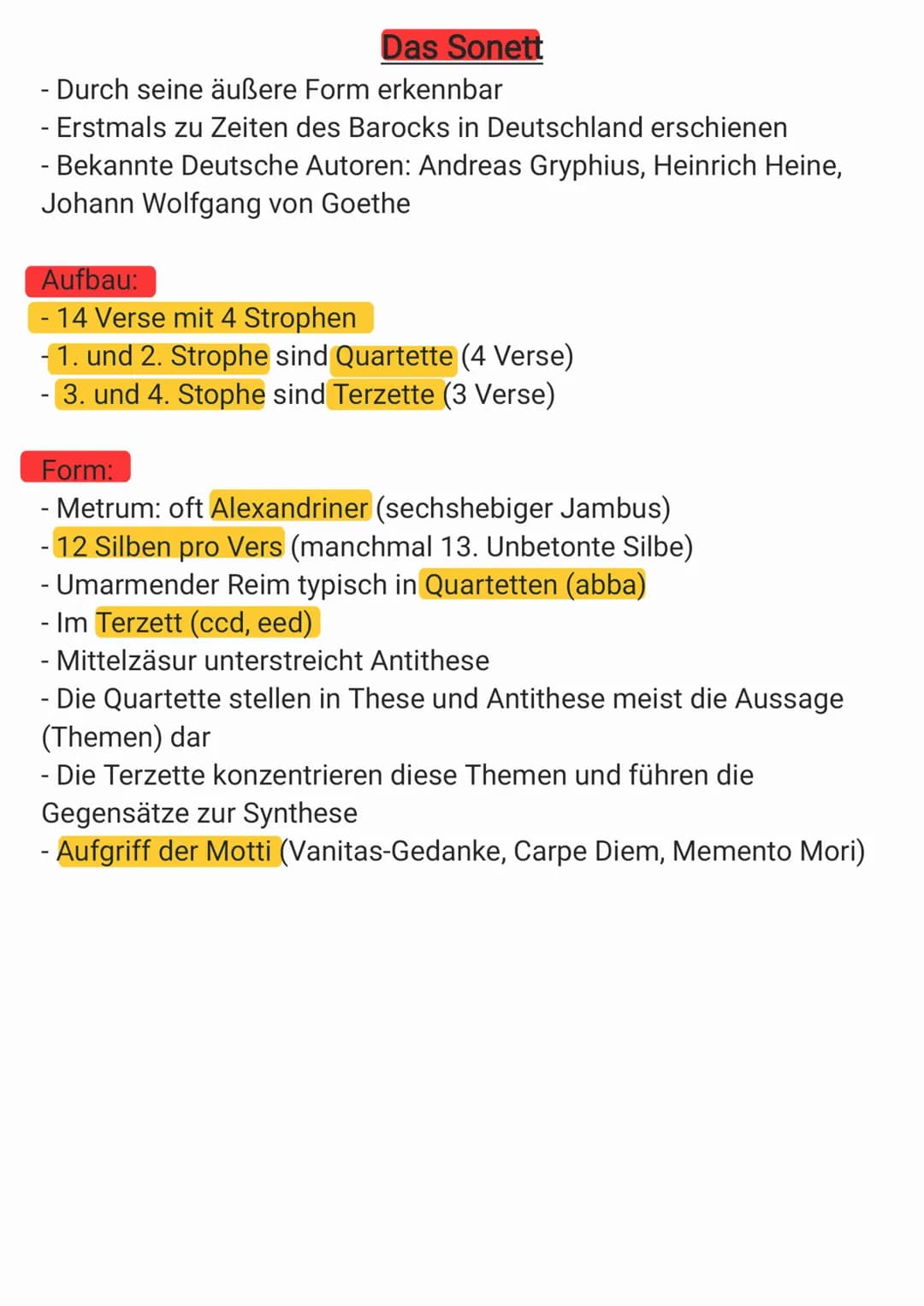 Das Sonett
- Durch seine äußere Form erkennbar
- Erstmals zu Zeiten des Barocks in Deutschland erschienen
- Bekannte Deutsche Autoren: Andre
