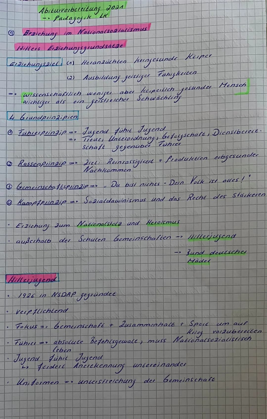 Braichung
Hitlers Erziehungsgrundsätze
Elaichungsziel (1) Heranzüchten keingesunde Keiper
(2) Ausbildung geistiger Fähigkeiten
=>
wissenscha