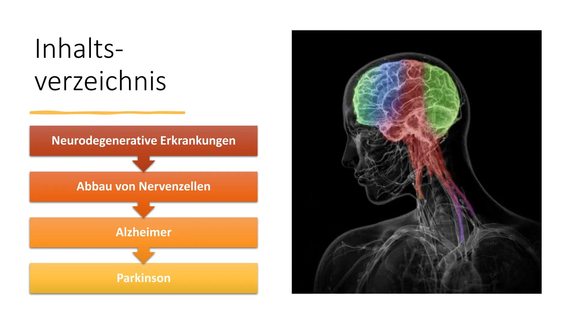 # neurodegenerative
## Erkrankungen
Alzheimer, Parkinson # Inhalts-
verzeichnis

Neurodegenerative Erkrankungen

Abbau von Nervenzellen

Alz