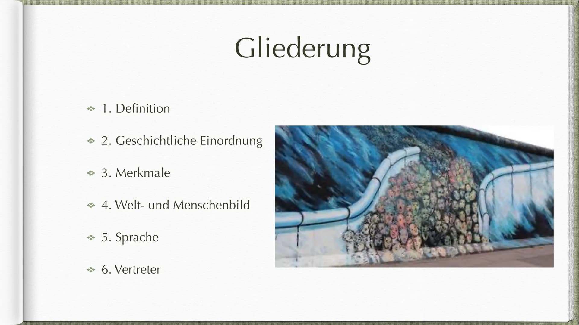 Postmoderne
ab 1989 * 1. Definition
→ 2. Geschichtliche Einordnung
→ 3. Merkmale
Gliederung
→ 4. Welt- und Menschenbild
→ 5. Sprache
→ 6. Ve
